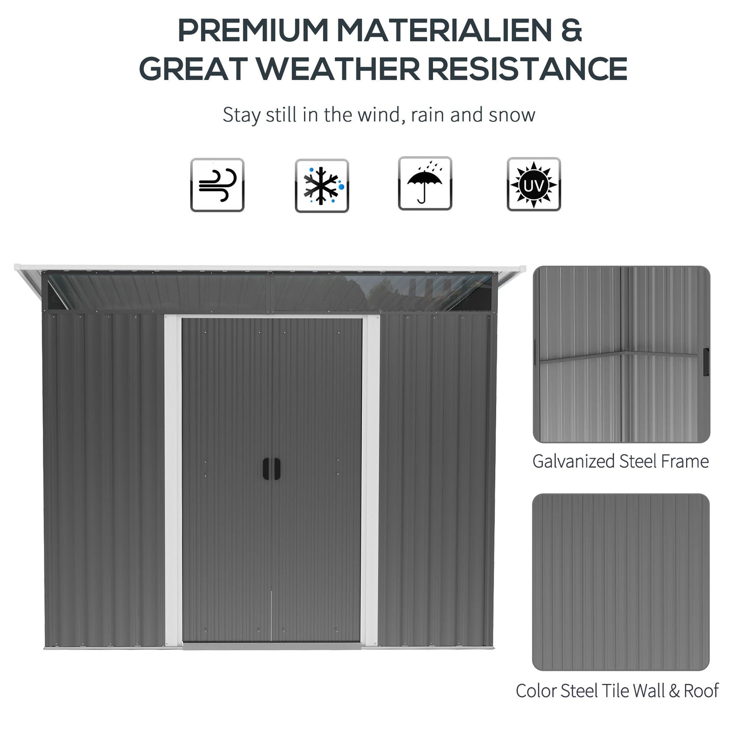 8.5' x 6' Garden Storage Shed with Skylight, Metal Outdoor Shed Tool House with Double Doors for Patio Yard, Grey