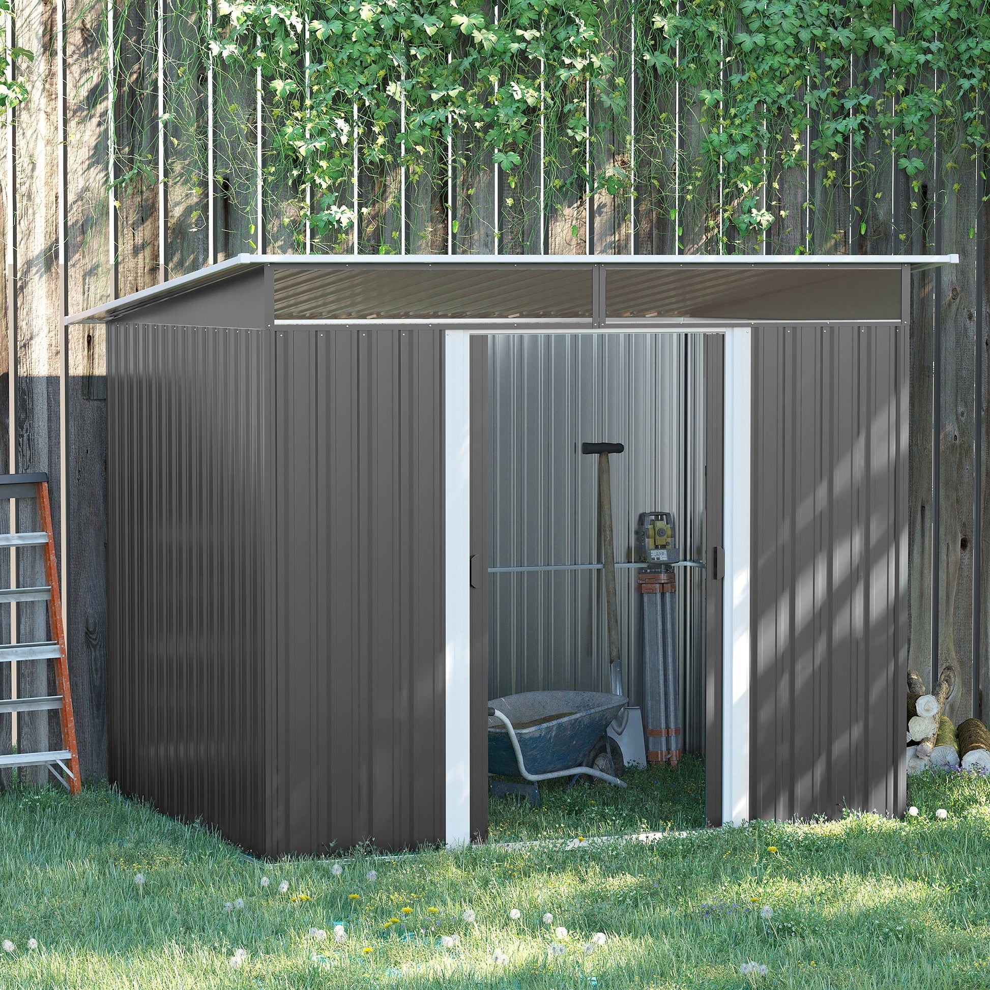 8.5' x 6' Garden Storage Shed with Skylight, Metal Outdoor Shed Tool House with Double Doors for Patio Yard, Grey