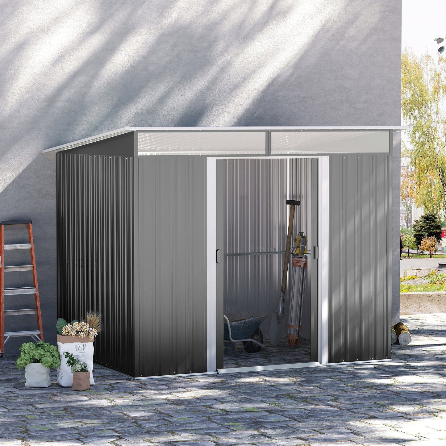 8.5' x 6' Garden Storage Shed with Skylight, Metal Outdoor Shed Tool House with Double Doors for Patio Yard, Grey