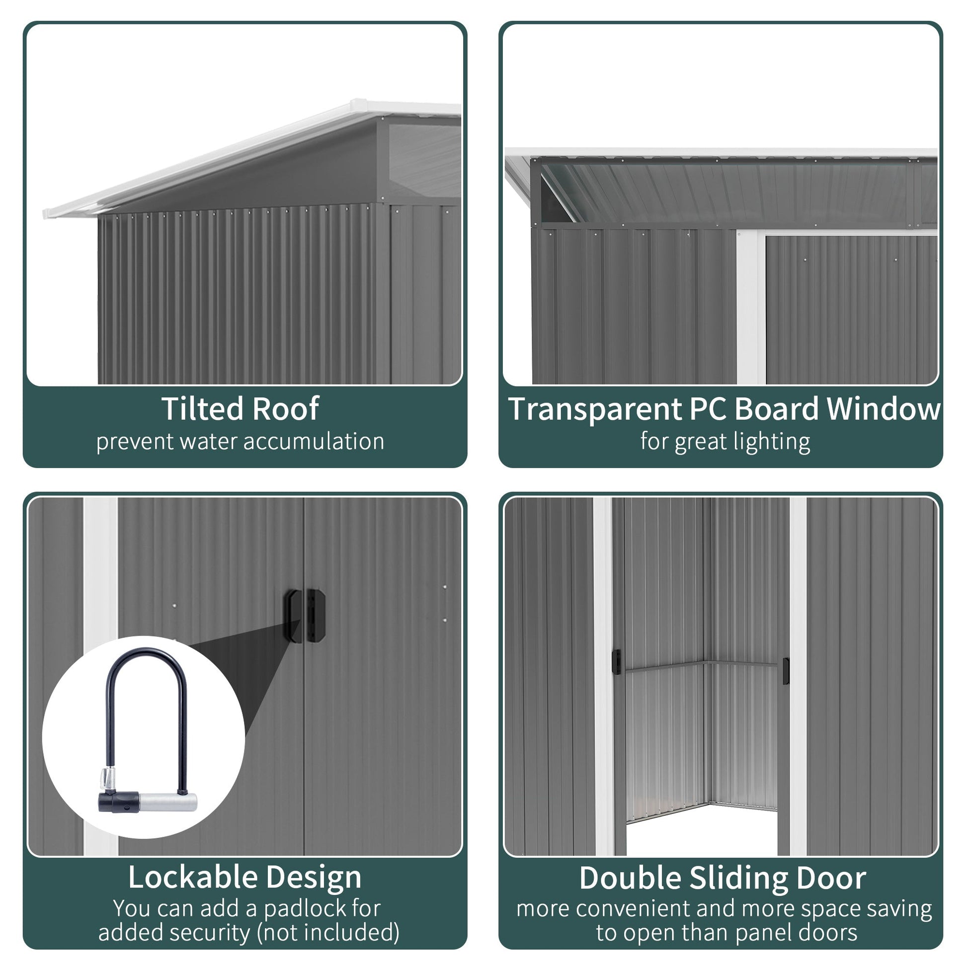 8.5' x 6' Garden Storage Shed with Skylight, Metal Outdoor Shed Tool House with Double Doors for Patio Yard, Grey