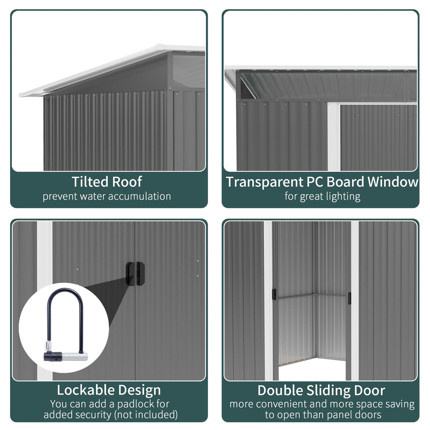 8.5' x 6' Garden Storage Shed with Skylight, Metal Outdoor Shed Tool House with Double Doors for Patio Yard, Grey