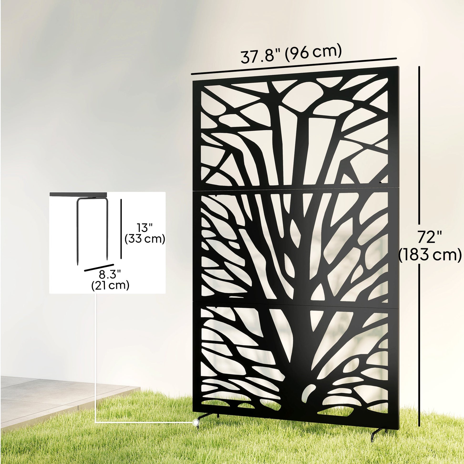 Metal Outdoor Privacy Screen, 72" x 38" Freestanding Outdoor Divider, Wall-Mounted Decorative Panel with Trunk Cut-out Design for Garden Patio Backyard, Black