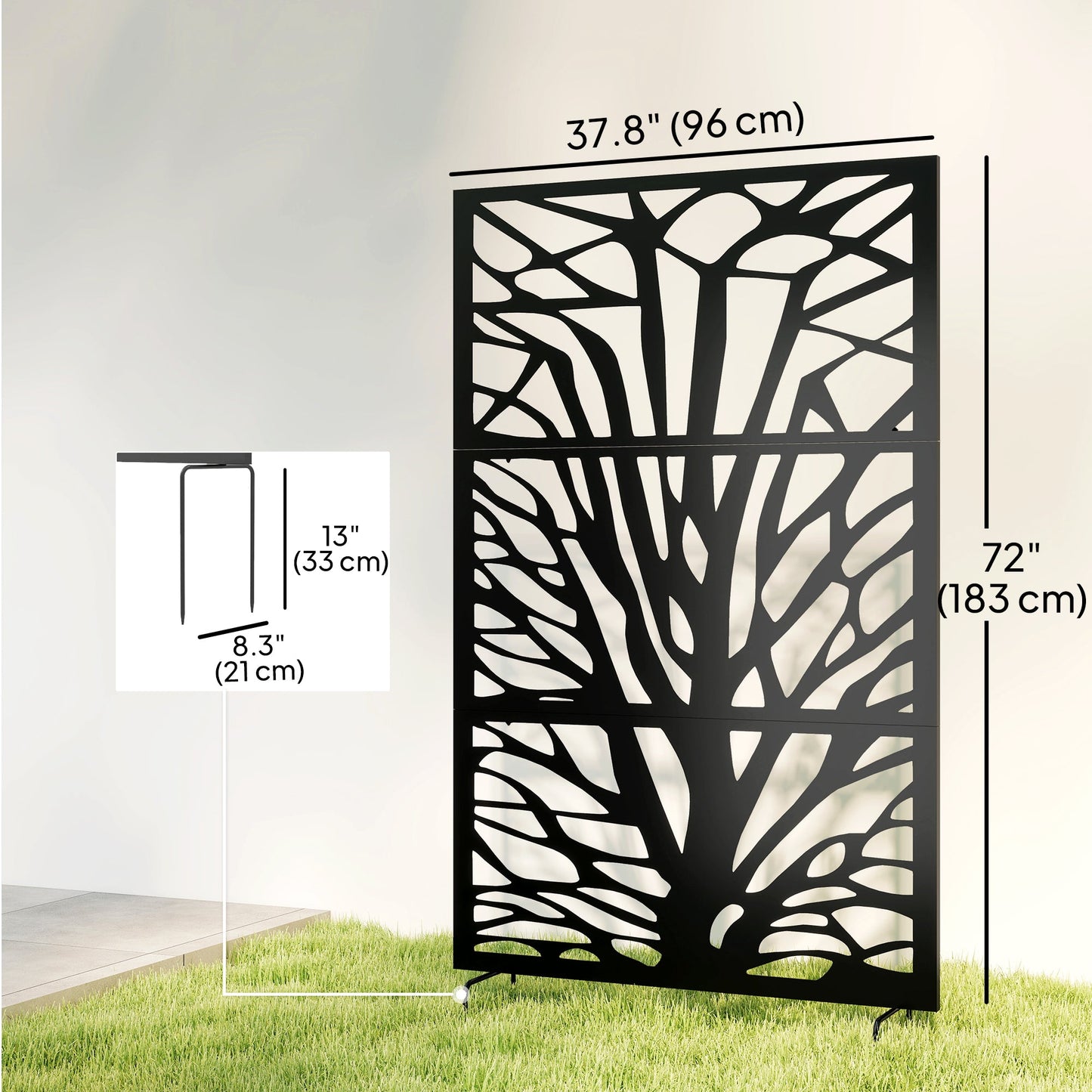 Metal Outdoor Privacy Screen, 72" x 38" Freestanding Outdoor Divider, Wall-Mounted Decorative Panel with Trunk Cut-out Design for Garden Patio Backyard, Black