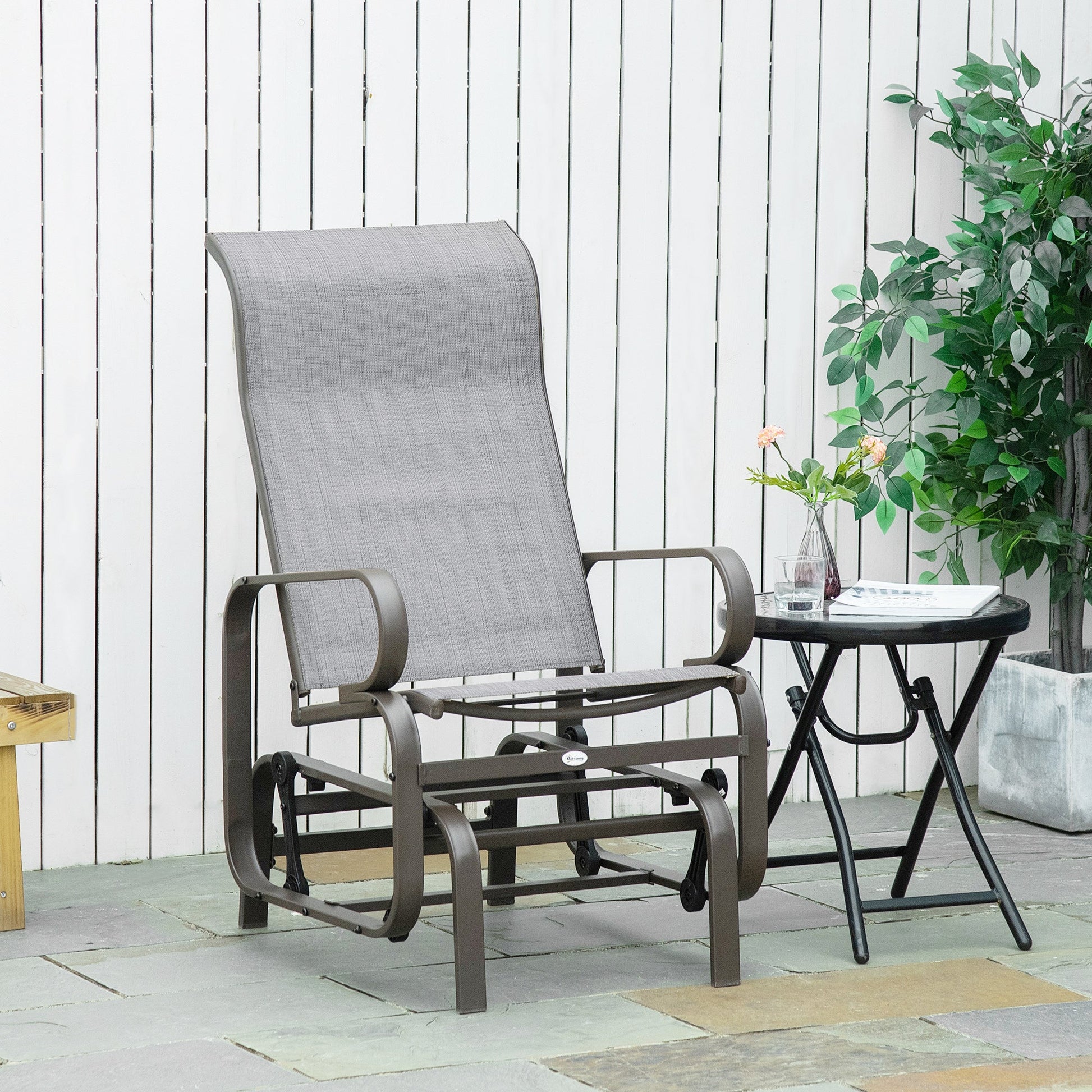 Patio Glider with Breathable Mesh Fabric, Outdoor Glider Chair, Garden Rocking Gliding Seat for Patio, Yard, Porch, Brown Grey
