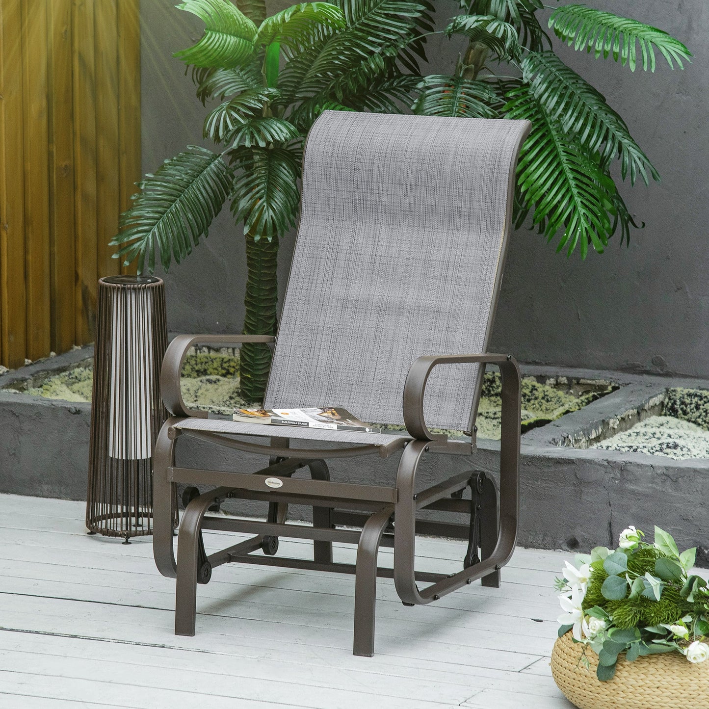 Patio Glider with Breathable Mesh Fabric, Outdoor Glider Chair, Garden Rocking Gliding Seat for Patio, Yard, Porch, Brown Grey