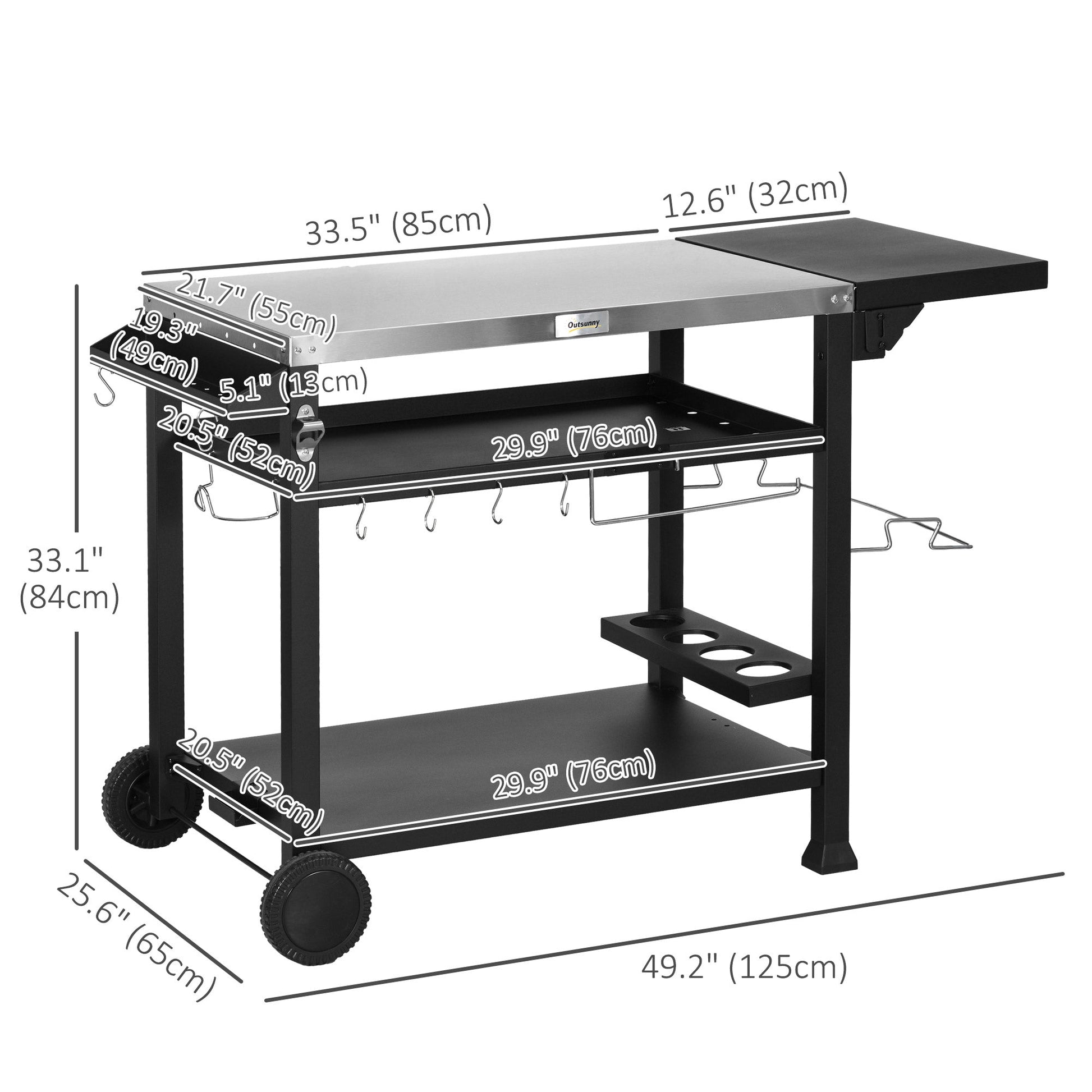 3-Shelf Outdoor Grill Cart with Foldable Side Table, 46.1" x 21.7" Multifunctional Pizza Oven Stand with Stainless Steel Tabletop, Movable Food Prep Table on Wheels, Black