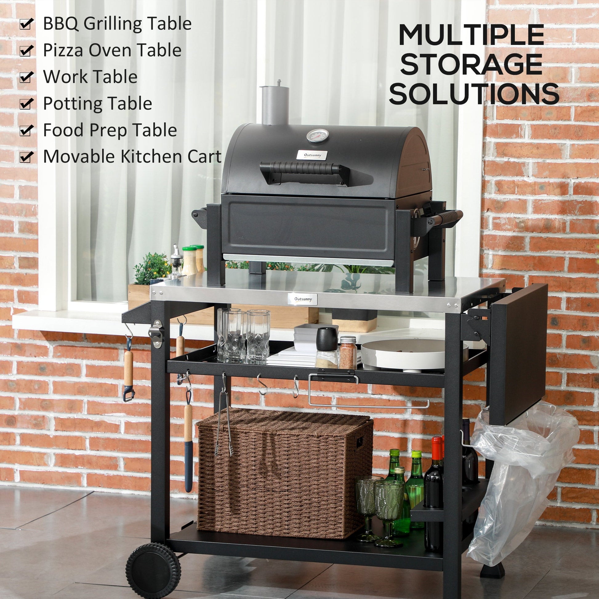3-Shelf Outdoor Grill Cart with Foldable Side Table, 46.1" x 21.7" Multifunctional Pizza Oven Stand with Stainless Steel Tabletop, Movable Food Prep Table on Wheels, Black