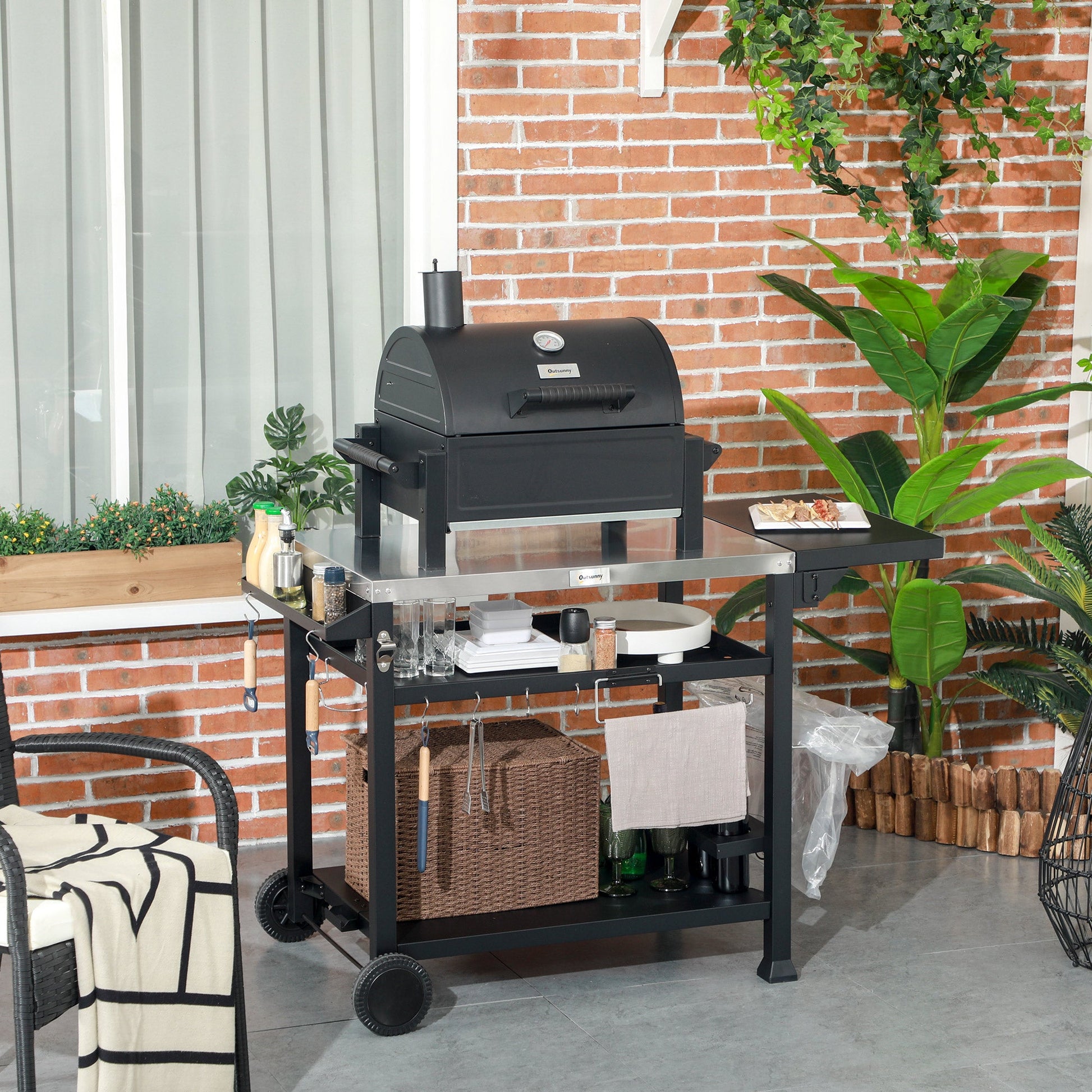 3-Shelf Outdoor Grill Cart with Foldable Side Table, 46.1" x 21.7" Multifunctional Pizza Oven Stand with Stainless Steel Tabletop, Movable Food Prep Table on Wheels, Black