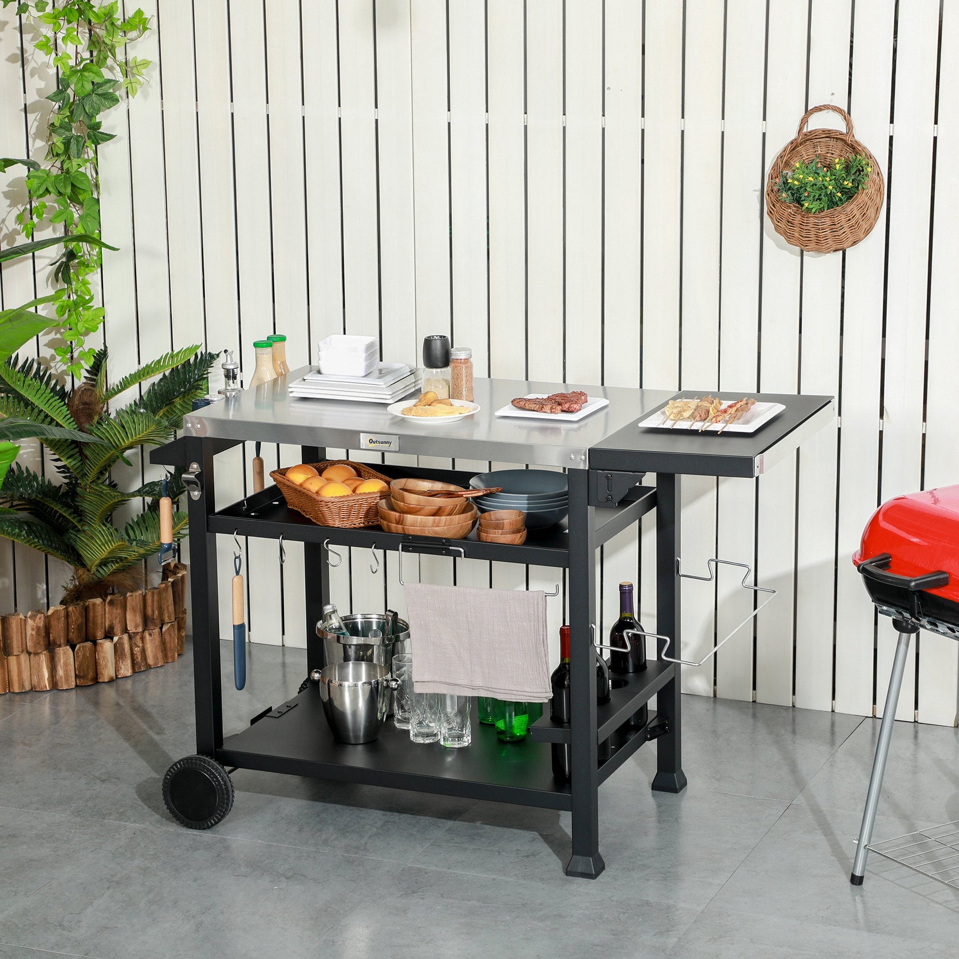 3-Shelf Outdoor Grill Cart with Foldable Side Table, 46.1" x 21.7" Multifunctional Pizza Oven Stand with Stainless Steel Tabletop, Movable Food Prep Table on Wheels, Black