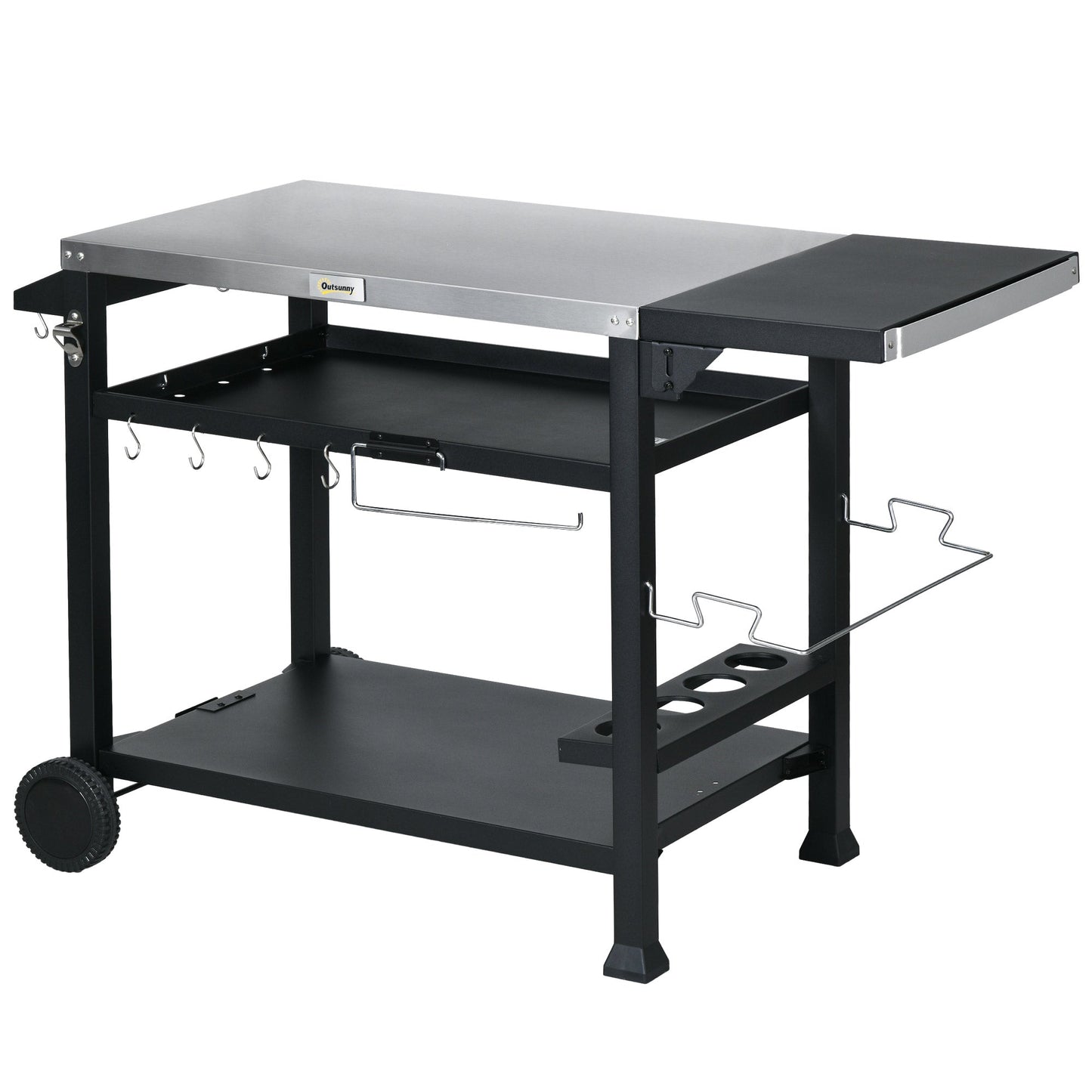 3-Shelf Outdoor Grill Cart with Foldable Side Table, 46.1" x 21.7" Multifunctional Pizza Oven Stand with Stainless Steel Tabletop, Movable Food Prep Table on Wheels, Black