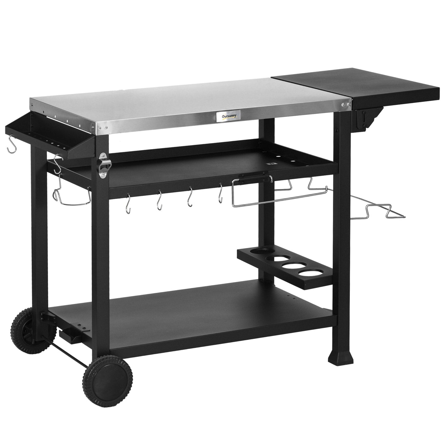 3-Shelf Outdoor Grill Cart with Foldable Side Table, 46.1" x 21.7" Multifunctional Pizza Oven Stand with Stainless Steel Tabletop, Movable Food Prep Table on Wheels, Black