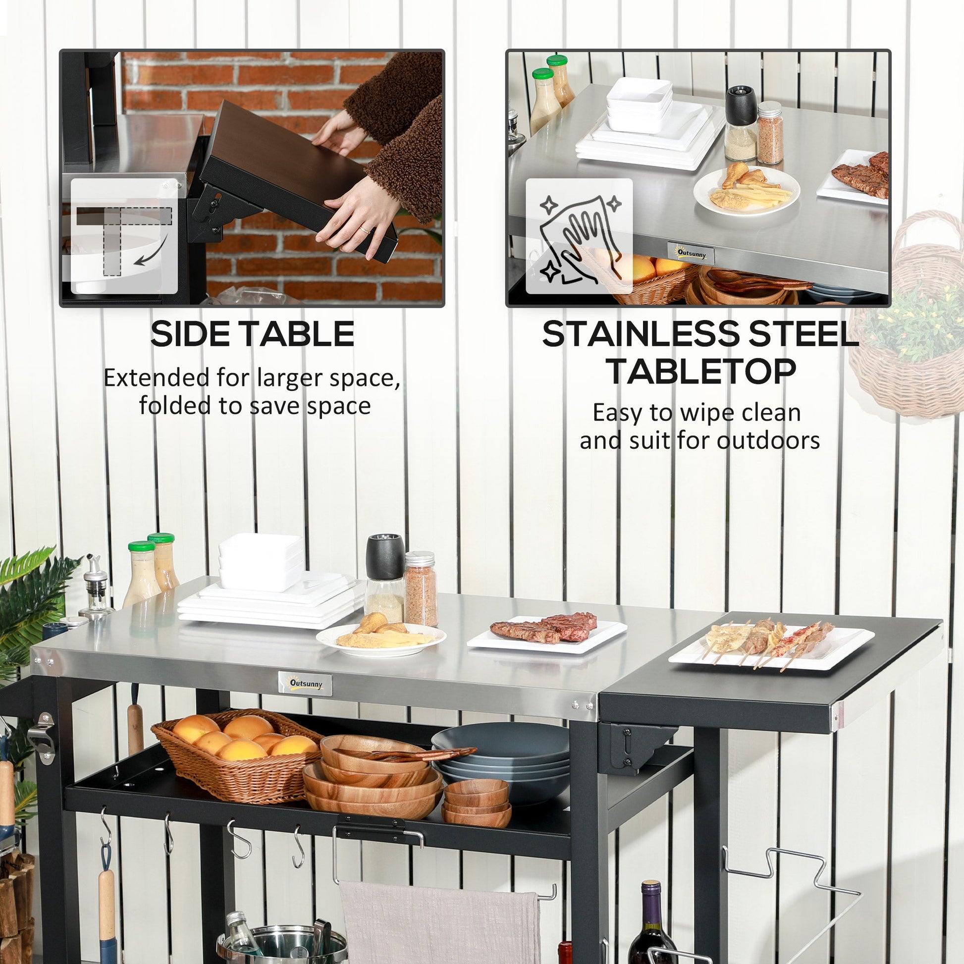 3-Shelf Outdoor Grill Cart with Foldable Side Table, 46.1" x 21.7" Multifunctional Pizza Oven Stand with Stainless Steel Tabletop, Movable Food Prep Table on Wheels, Black