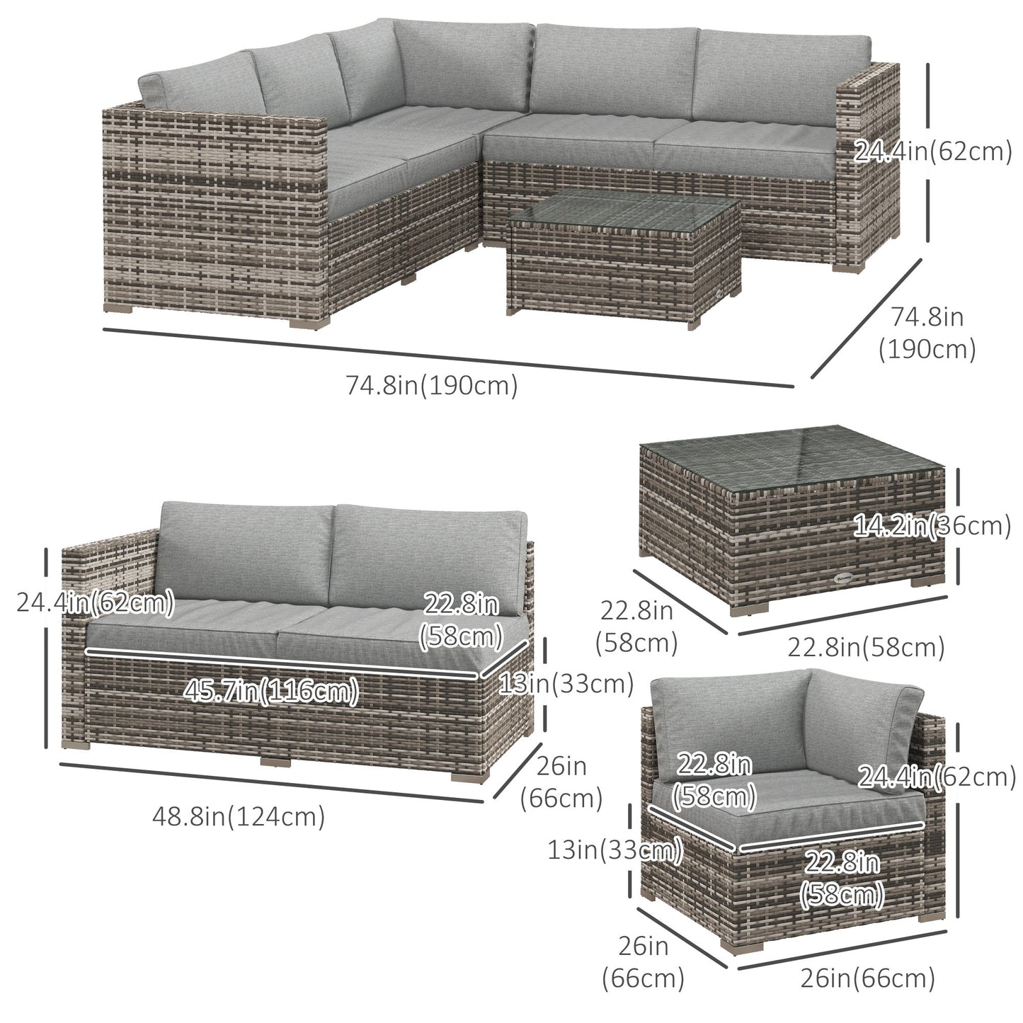 4 Pieces Garden Rattan Furniture Set, Wicker Patio Furniture Outdoor Conversation Set with Corner Sofa Loveseats Coffee Table Cushions for Backyard Pool, Mixed Grey