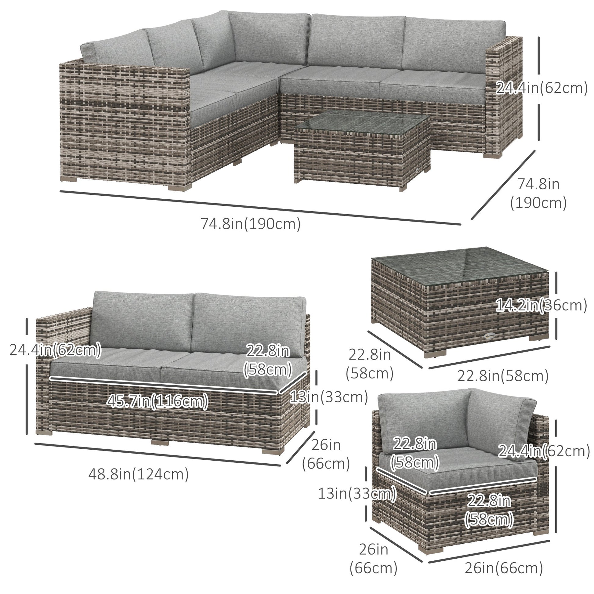 4 Pieces Garden Rattan Furniture Set, Wicker Patio Furniture Outdoor Conversation Set with Corner Sofa Loveseats Coffee Table Cushions for Backyard Pool, Mixed Grey