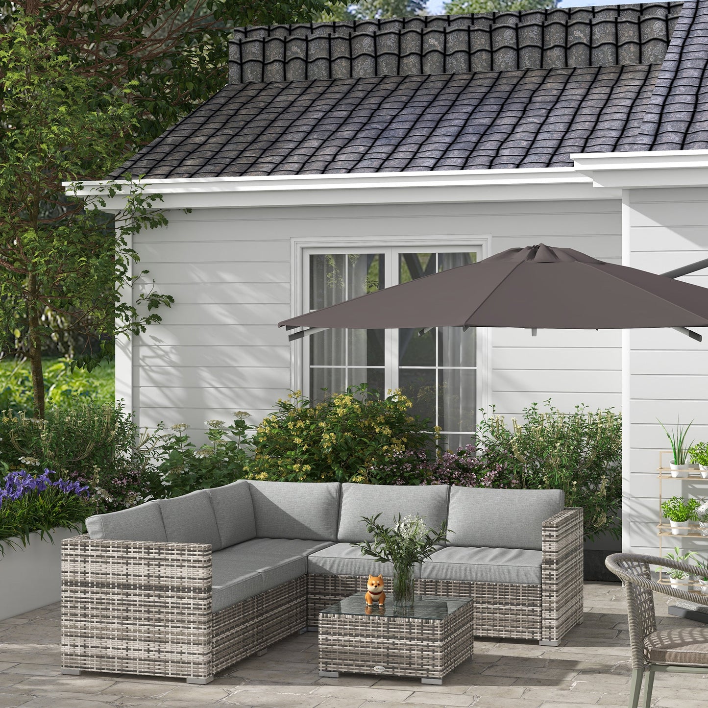 4 Pieces Garden Rattan Furniture Set, Wicker Patio Furniture Outdoor Conversation Set with Corner Sofa Loveseats Coffee Table Cushions for Backyard Pool, Mixed Grey