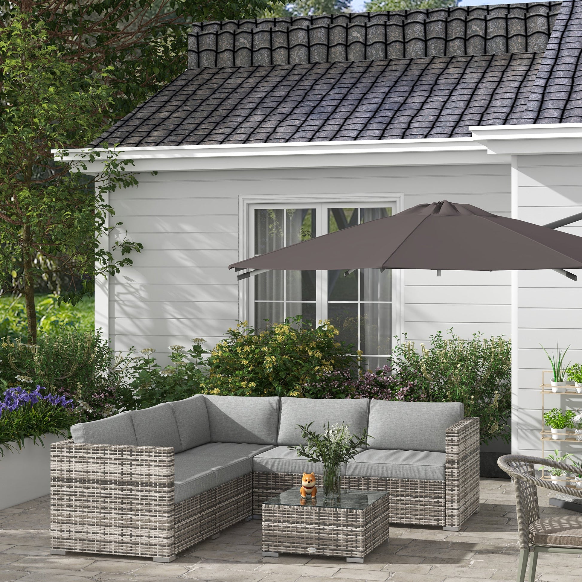 4 Pieces Garden Rattan Furniture Set, Wicker Patio Furniture Outdoor Conversation Set with Corner Sofa Loveseats Coffee Table Cushions for Backyard Pool, Mixed Grey
