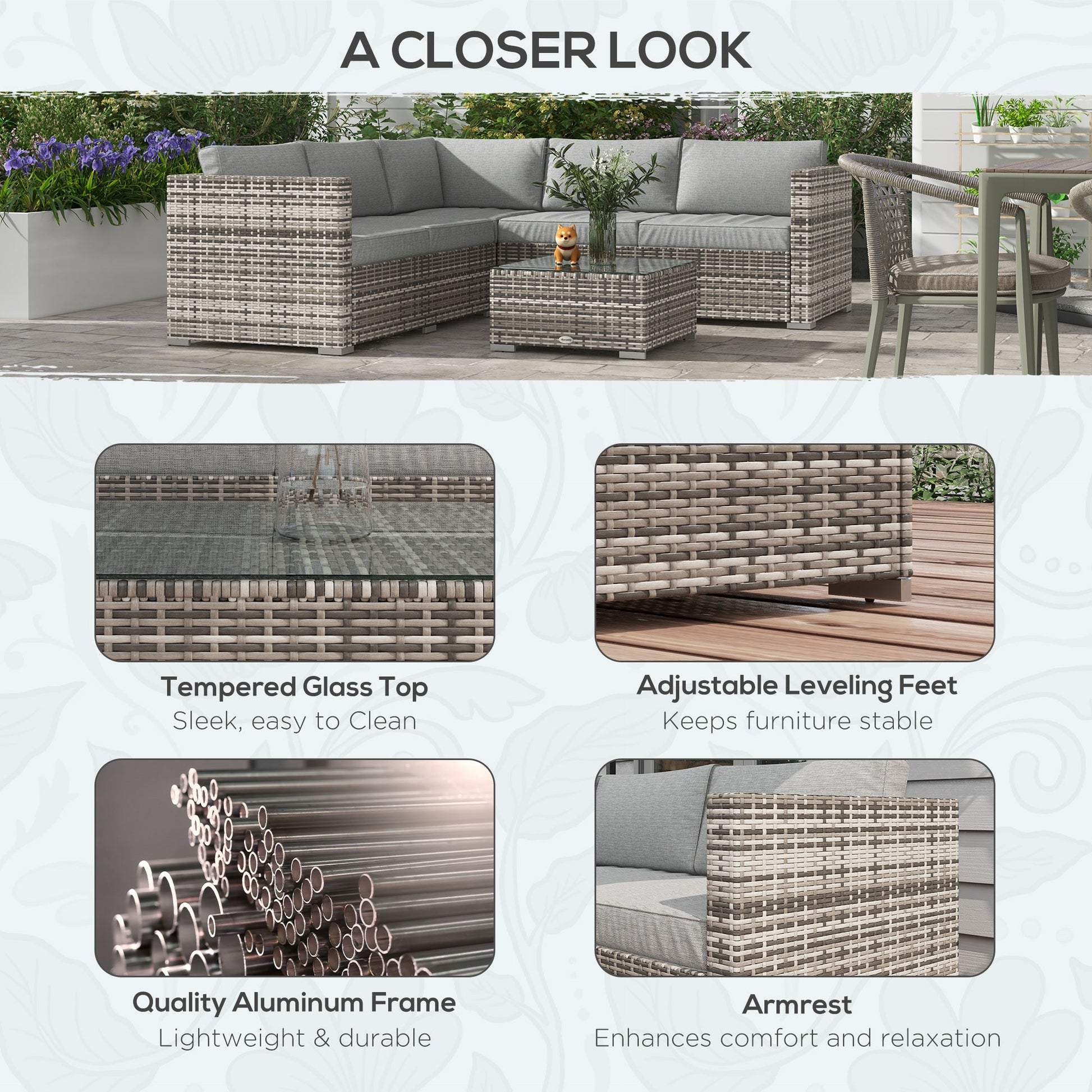 4 Pieces Garden Rattan Furniture Set, Wicker Patio Furniture Outdoor Conversation Set with Corner Sofa Loveseats Coffee Table Cushions for Backyard Pool, Mixed Grey