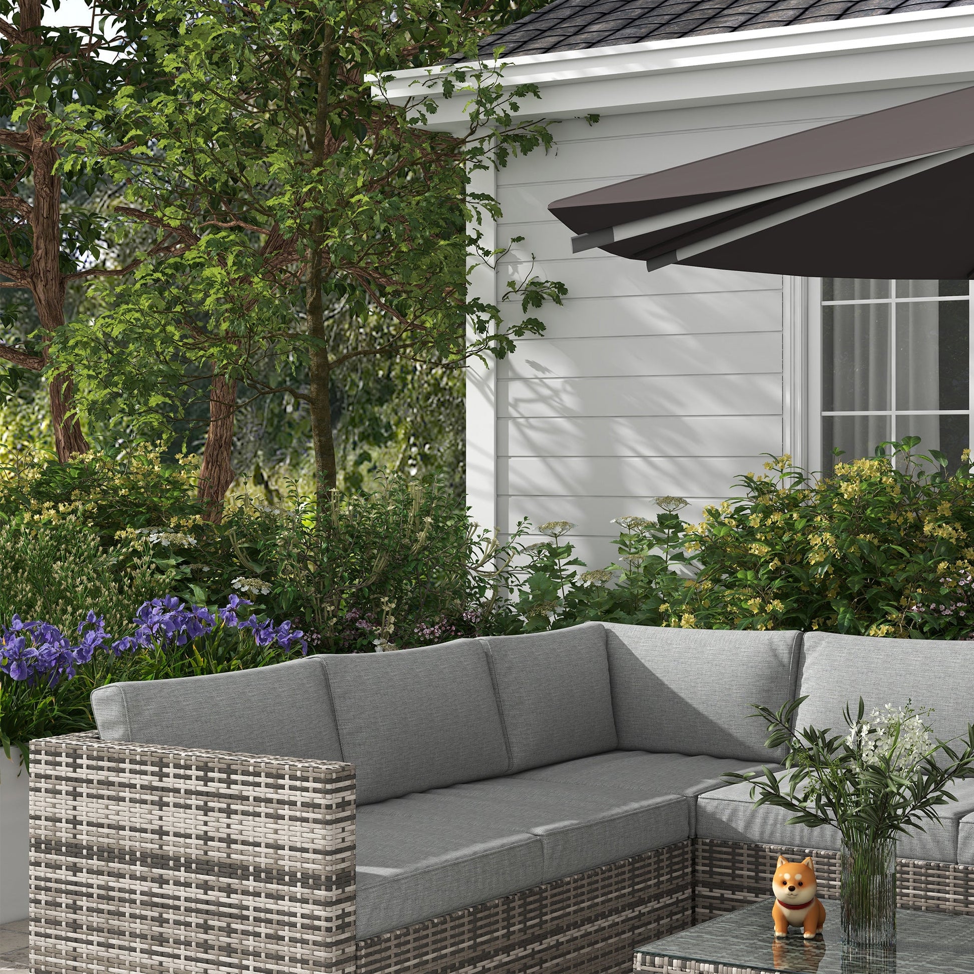 4 Pieces Garden Rattan Furniture Set, Wicker Patio Furniture Outdoor Conversation Set with Corner Sofa Loveseats Coffee Table Cushions for Backyard Pool, Mixed Grey