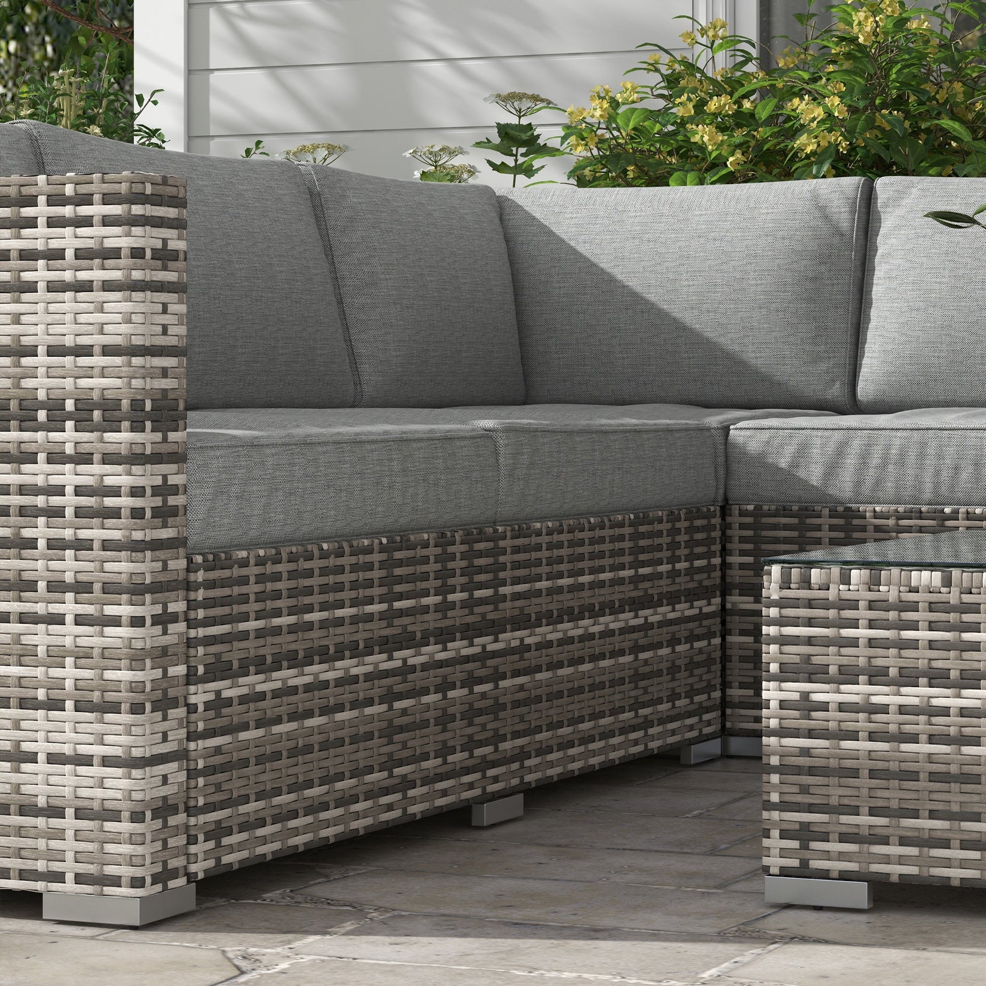 4 Pieces Garden Rattan Furniture Set, Wicker Patio Furniture Outdoor Conversation Set with Corner Sofa Loveseats Coffee Table Cushions for Backyard Pool, Mixed Grey
