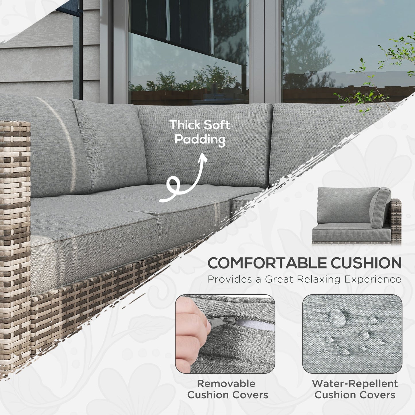 4 Pieces Garden Rattan Furniture Set, Wicker Patio Furniture Outdoor Conversation Set with Corner Sofa Loveseats Coffee Table Cushions for Backyard Pool, Mixed Grey
