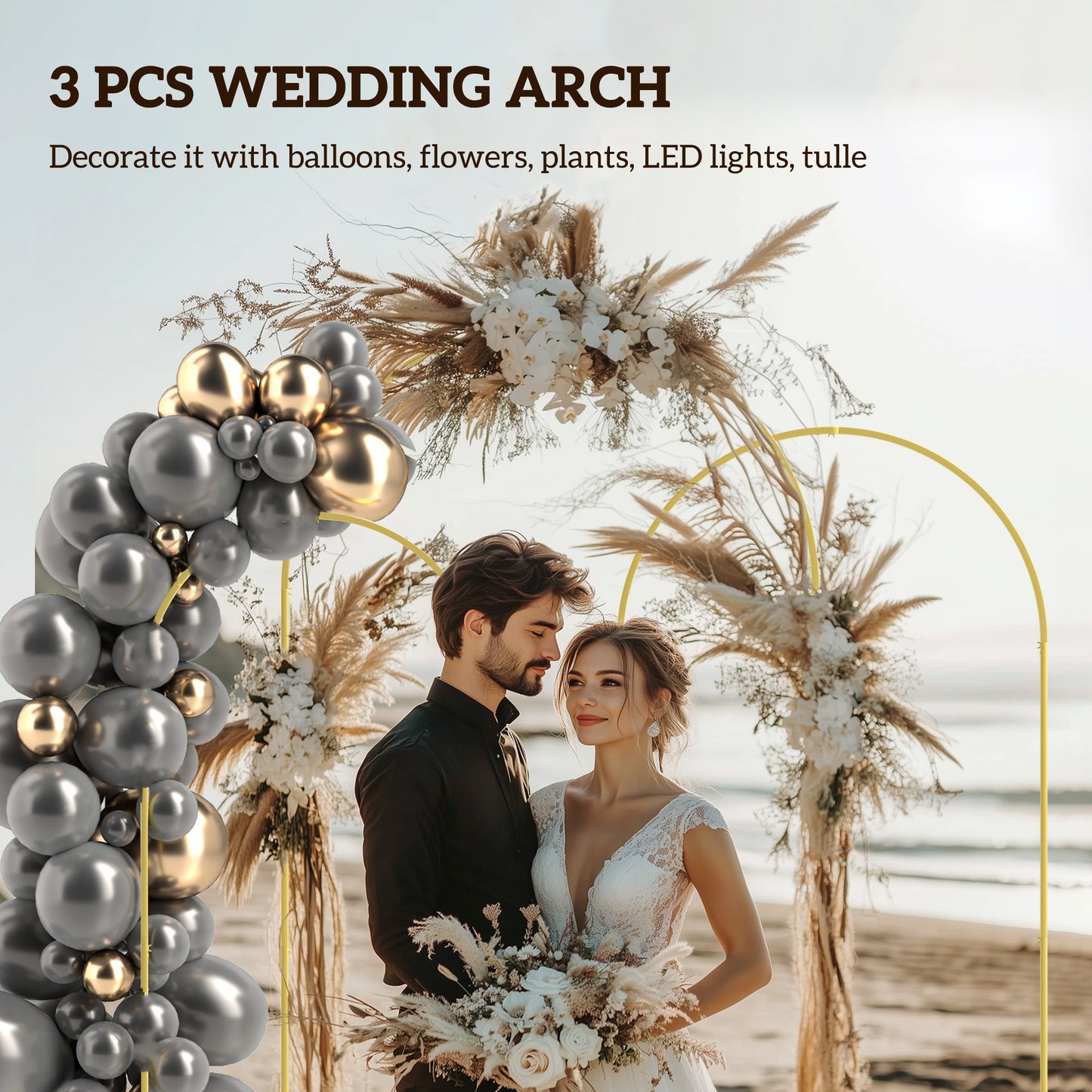 Wedding Arch, 7/6.5/6 ft Metal Balloon Arch Backdrop Stand Set of 3 for Birthday Party, Bridal Shower, Graduation, Ceremony, Banquet Decorations, Gold