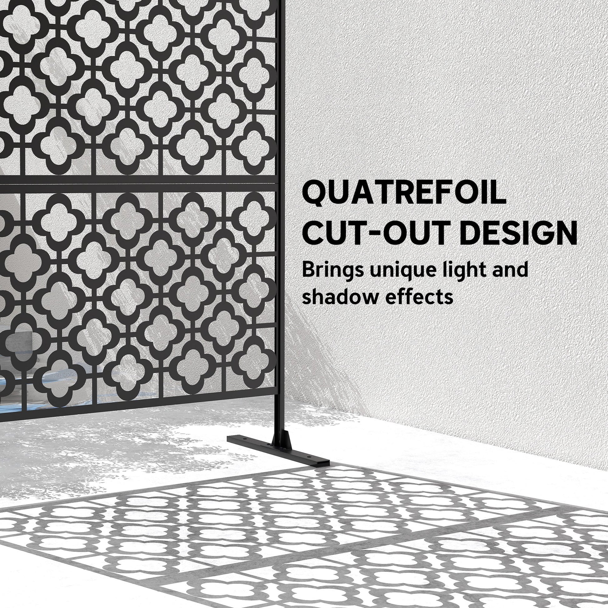 Metal Outdoor Privacy Screen, 78" x 48" Freestanding Outdoor Divider with Stand, Decorative Privacy Panel with Quatrefoil Cut-out Design for Garden Patio Backyard, Black