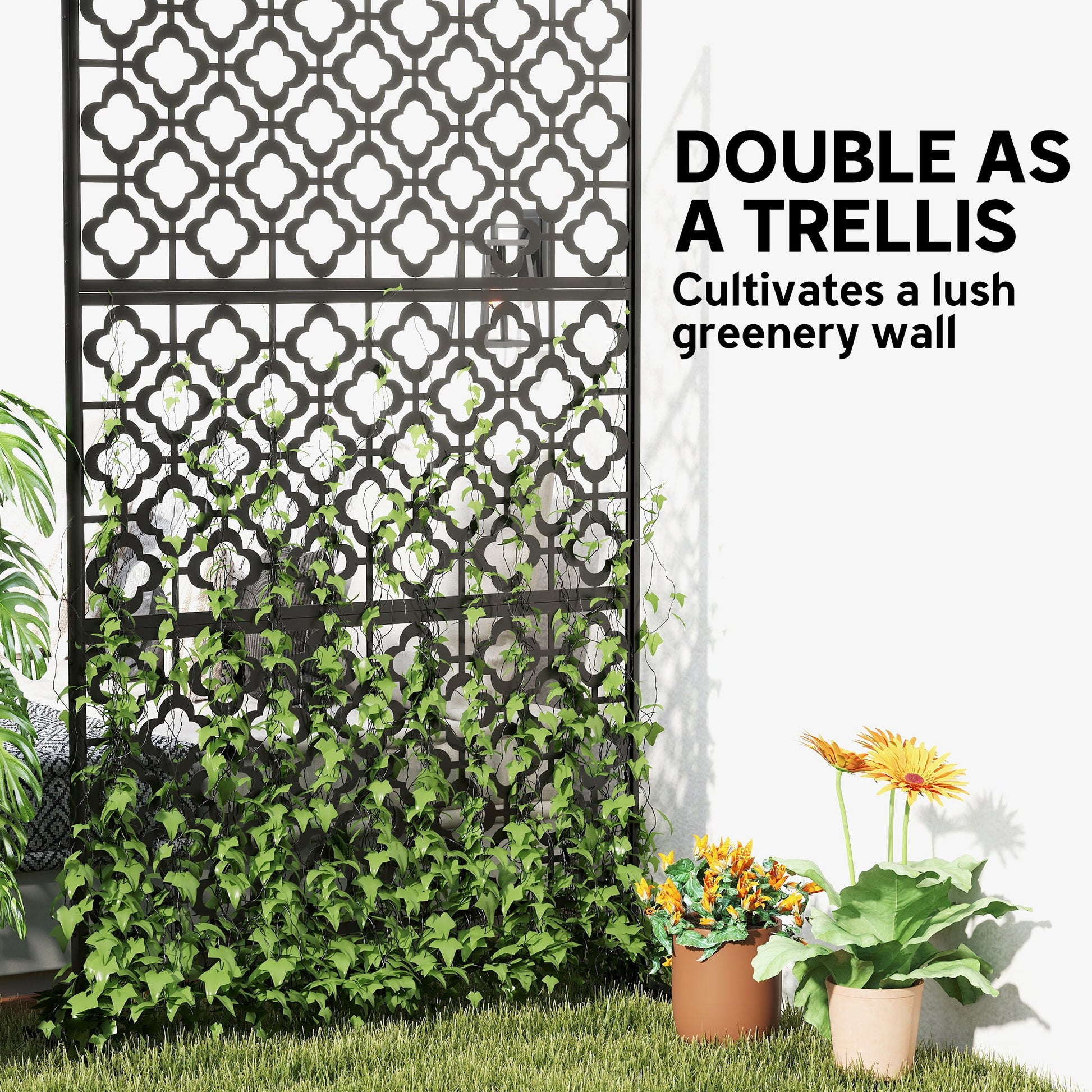 Metal Outdoor Privacy Screen, 78" x 48" Freestanding Outdoor Divider with Stand, Decorative Privacy Panel with Quatrefoil Cut-out Design for Garden Patio Backyard, Black