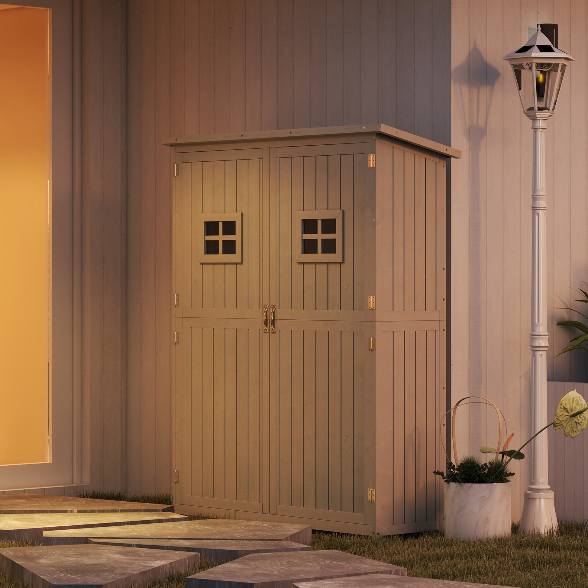 4 x 1.5ft Wooden Garden Shed with Two Windows, Outdoor Tool Storage Cabinet Organizer, Double Door, Grey