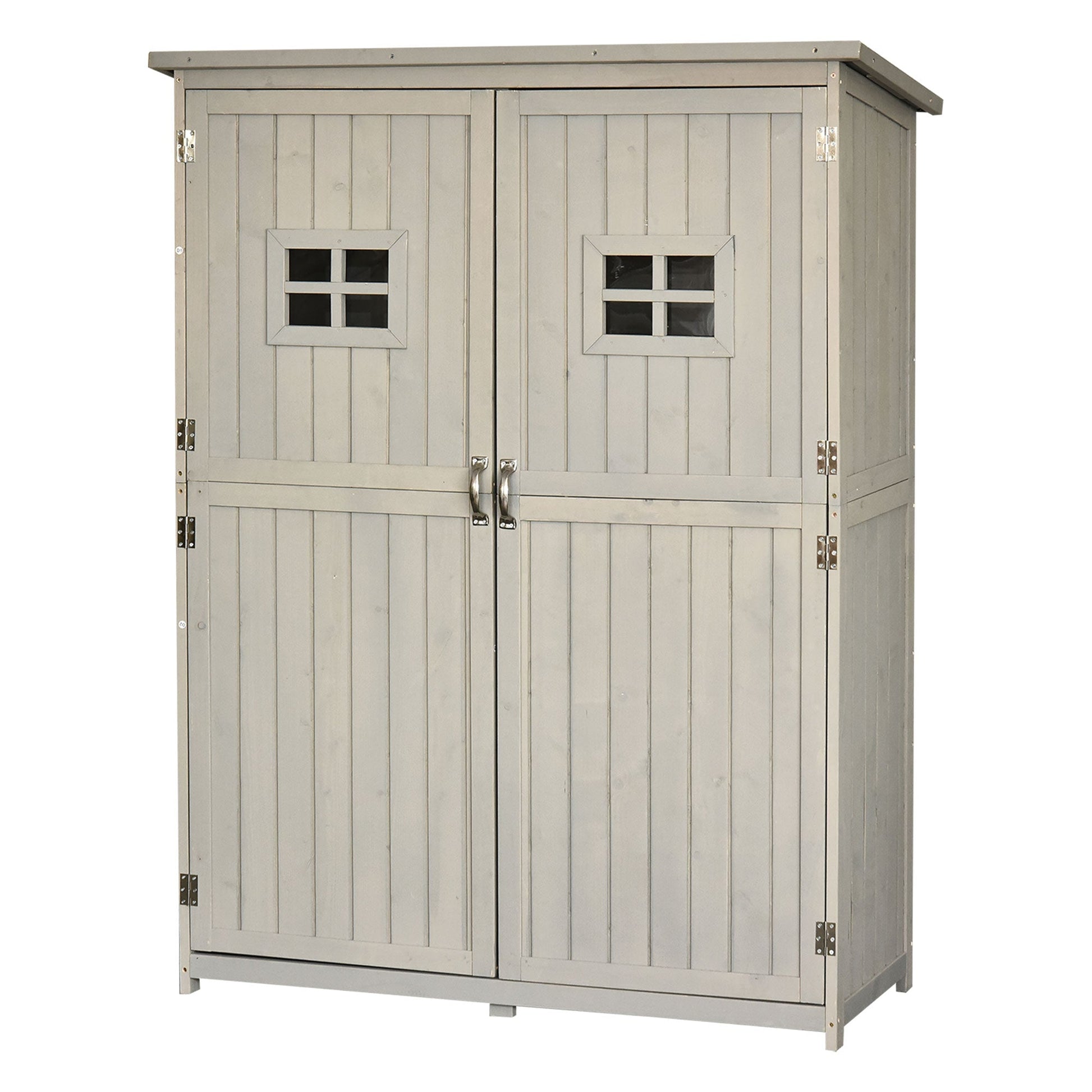 4 x 1.5ft Wooden Garden Shed with Two Windows, Outdoor Tool Storage Cabinet Organizer, Double Door, Grey