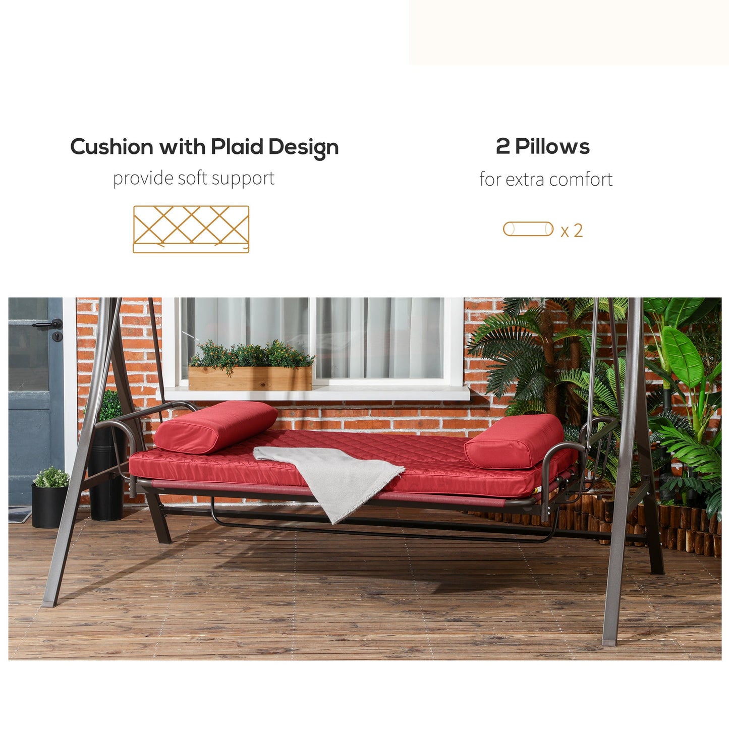 3 Person Porch Swing Bed, Outdoor Patio Swing Chair Bench Hammock with Adjustable Canopy, Cushions, Pillows for Porch and Backyard, Red