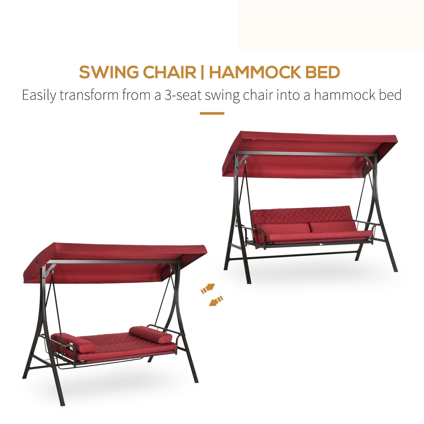 3 Person Porch Swing Bed, Outdoor Patio Swing Chair Bench Hammock with Adjustable Canopy, Cushions, Pillows for Porch and Backyard, Red