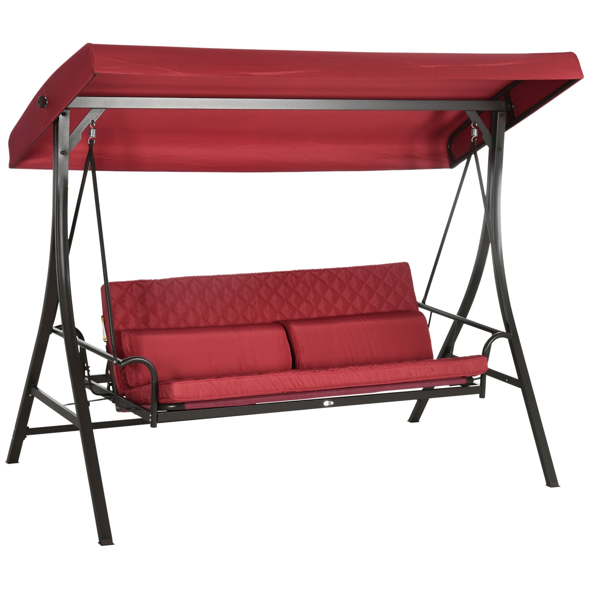 3 Person Porch Swing Bed, Outdoor Patio Swing Chair Bench Hammock with Adjustable Canopy, Cushions, Pillows for Porch and Backyard, Red