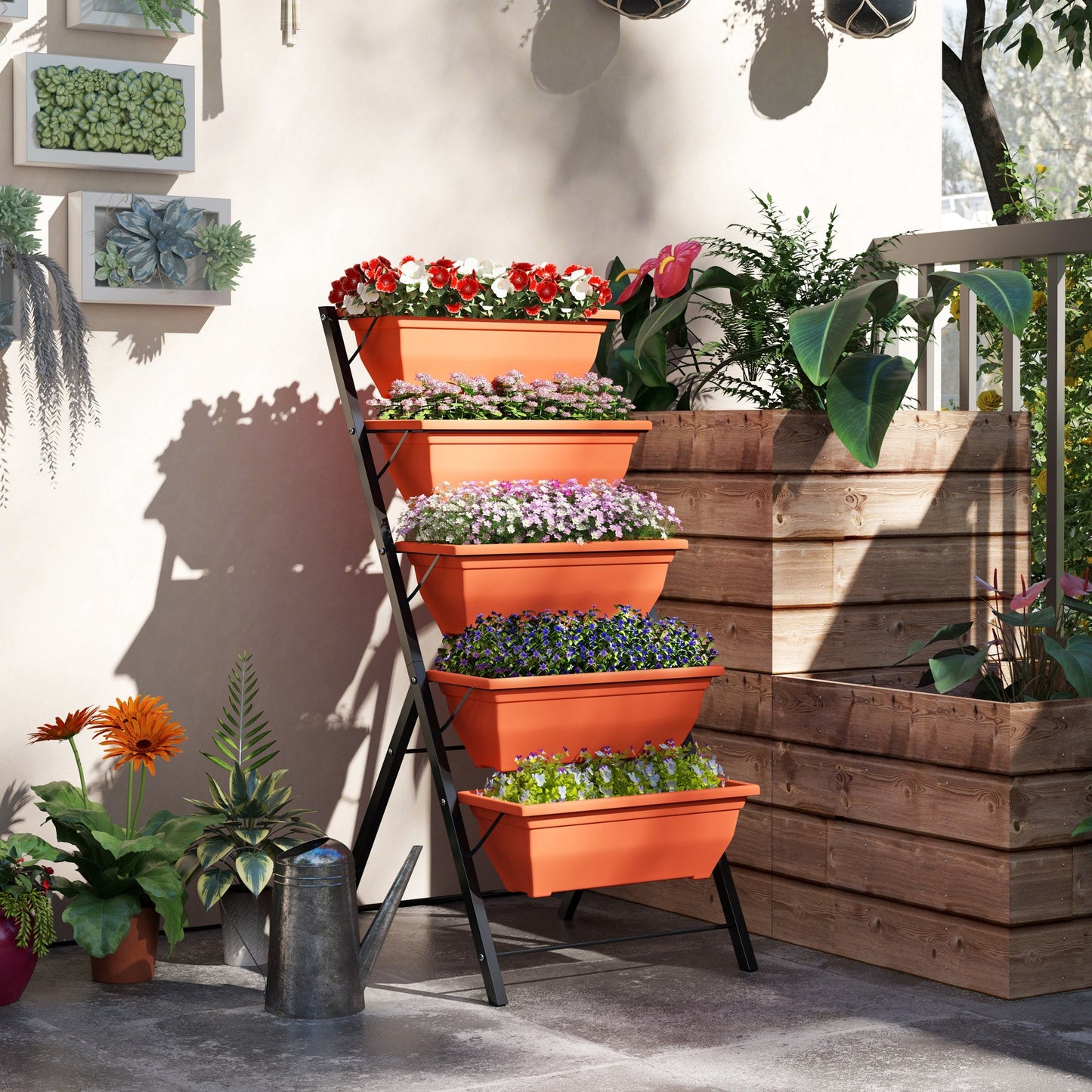 5-Tier Raised Garden Bed with 5 Planter Boxes, Outdoor Plant Stand Grow Containers with Leaking Holes for Balcony Patio Outdoor, Red