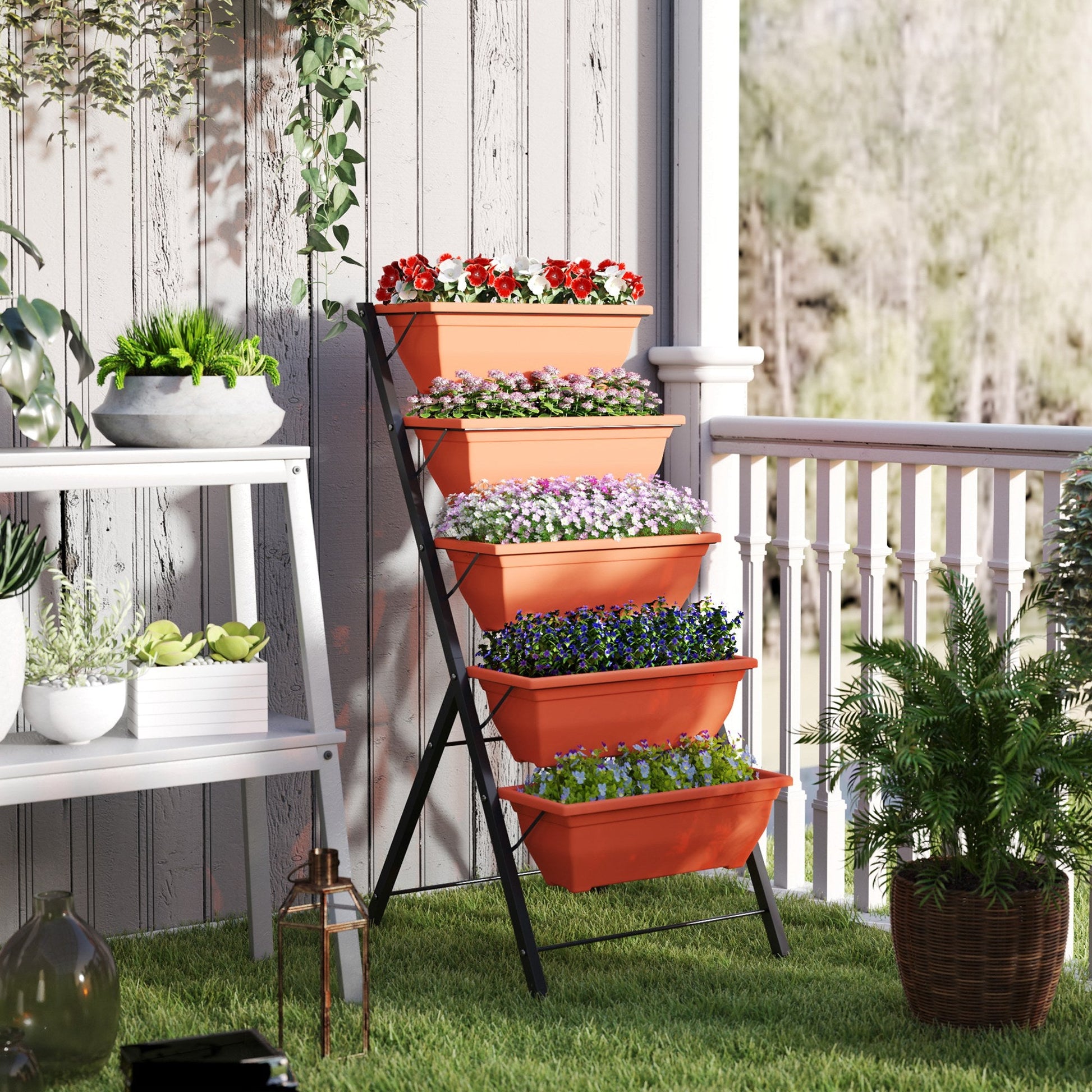 5-Tier Raised Garden Bed with 5 Planter Boxes, Outdoor Plant Stand Grow Containers with Leaking Holes for Balcony Patio Outdoor, Red