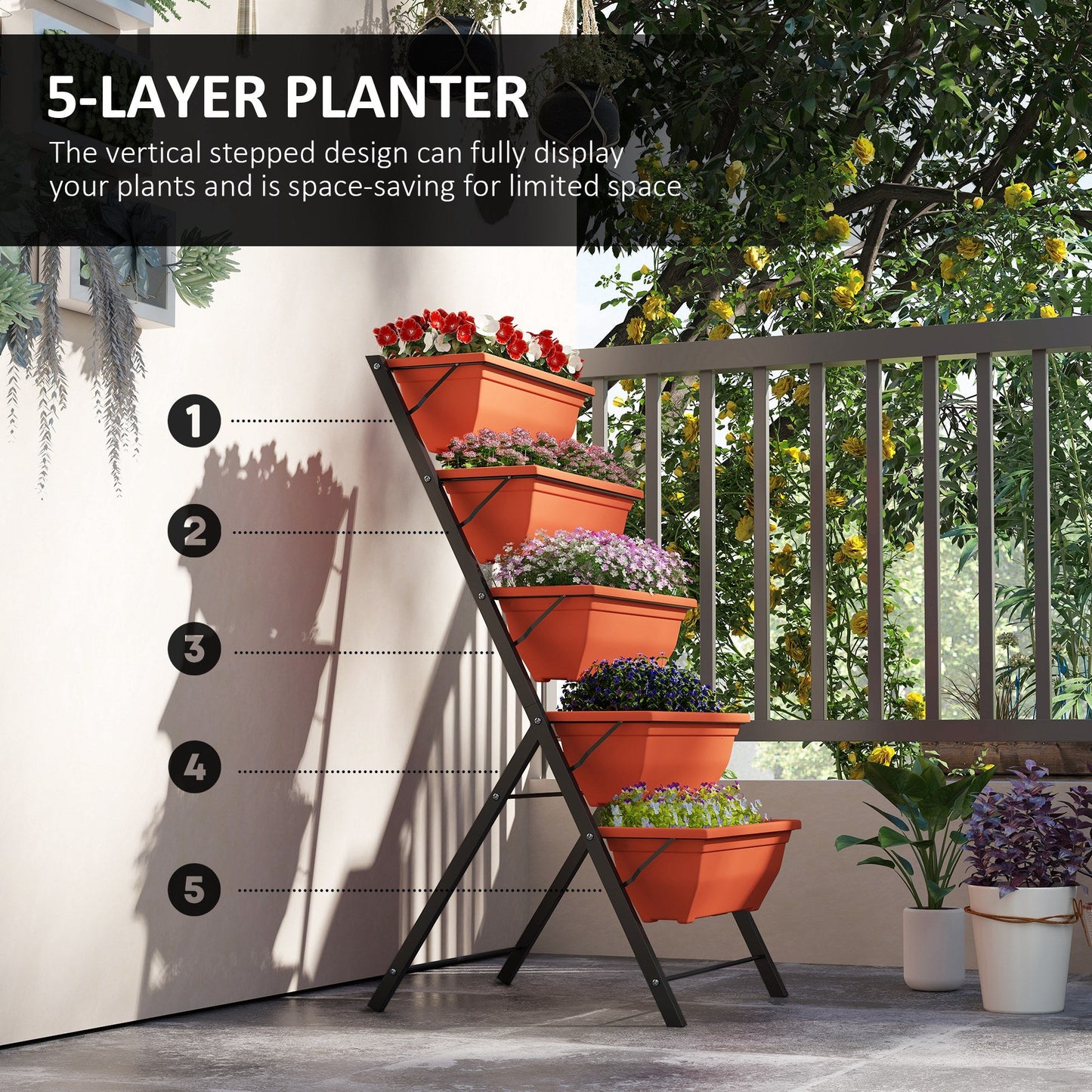 5-Tier Raised Garden Bed with 5 Planter Boxes, Outdoor Plant Stand Grow Containers with Leaking Holes for Balcony Patio Outdoor, Red