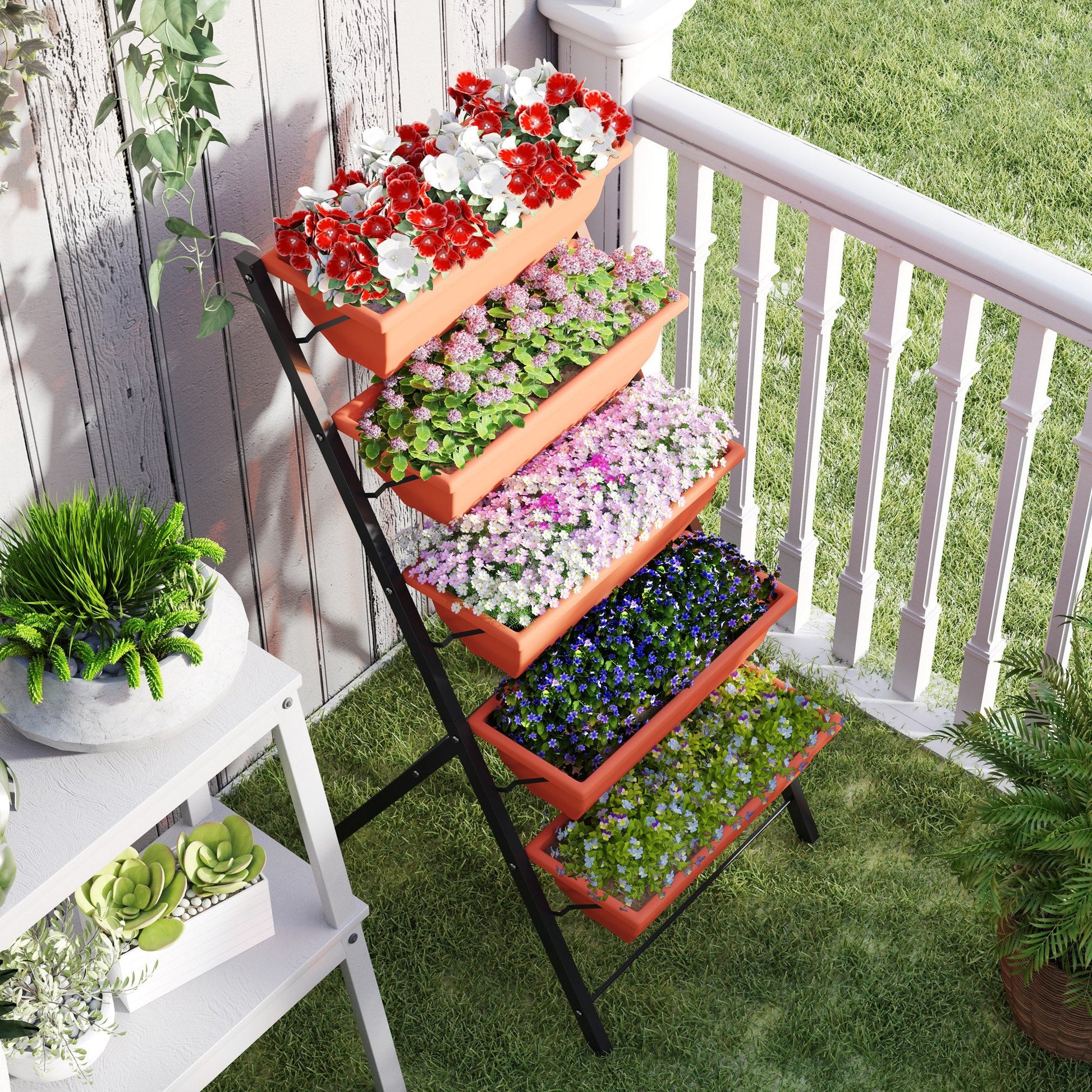 5-Tier Raised Garden Bed with 5 Planter Boxes, Outdoor Plant Stand Grow Containers with Leaking Holes for Balcony Patio Outdoor, Red