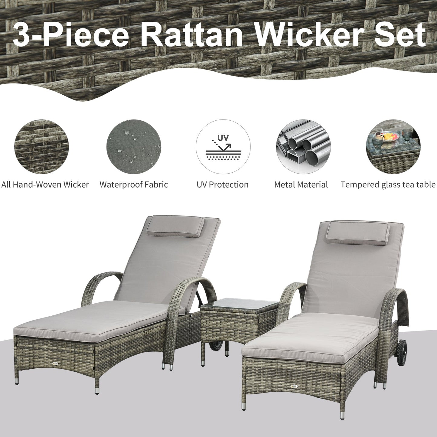 3 Pieces Wicker Patio Lounger Set with Table, PE Rattan Outdoor Lounge Chair Set with Cushions, Wheels, 5-Level Reclining Backrest, Headrest, Mixed Grey