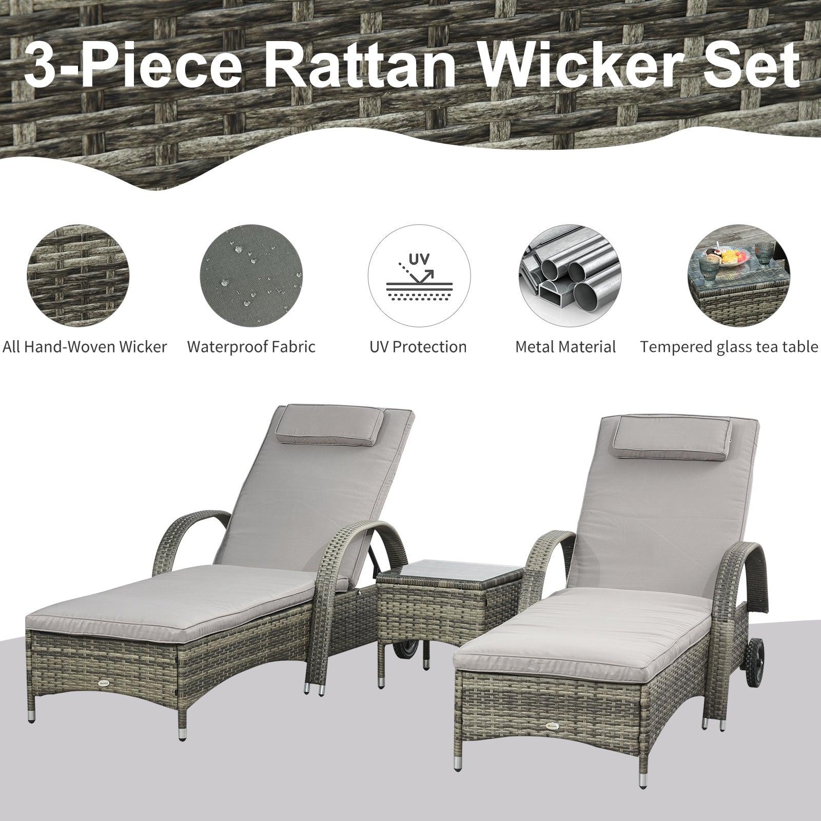 3 Pieces Wicker Patio Lounger Set with Table, PE Rattan Outdoor Lounge Chair Set with Cushions, Wheels, 5-Level Reclining Backrest, Headrest, Mixed Grey