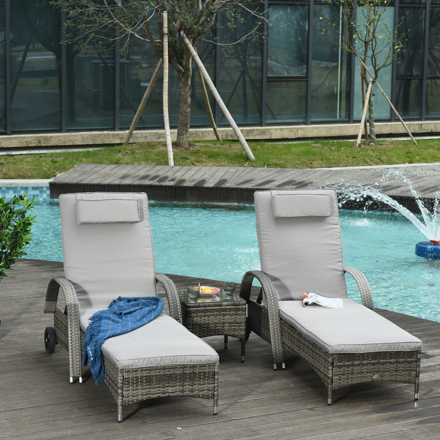 3 Pieces Wicker Patio Lounger Set with Table, PE Rattan Outdoor Lounge Chair Set with Cushions, Wheels, 5-Level Reclining Backrest, Headrest, Mixed Grey