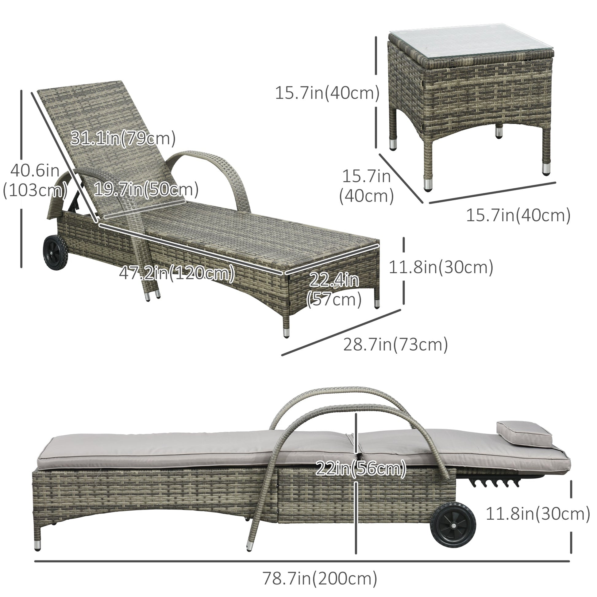 3 Pieces Wicker Patio Lounger Set with Table, PE Rattan Outdoor Lounge Chair Set with Cushions, Wheels, 5-Level Reclining Backrest, Headrest, Mixed Grey