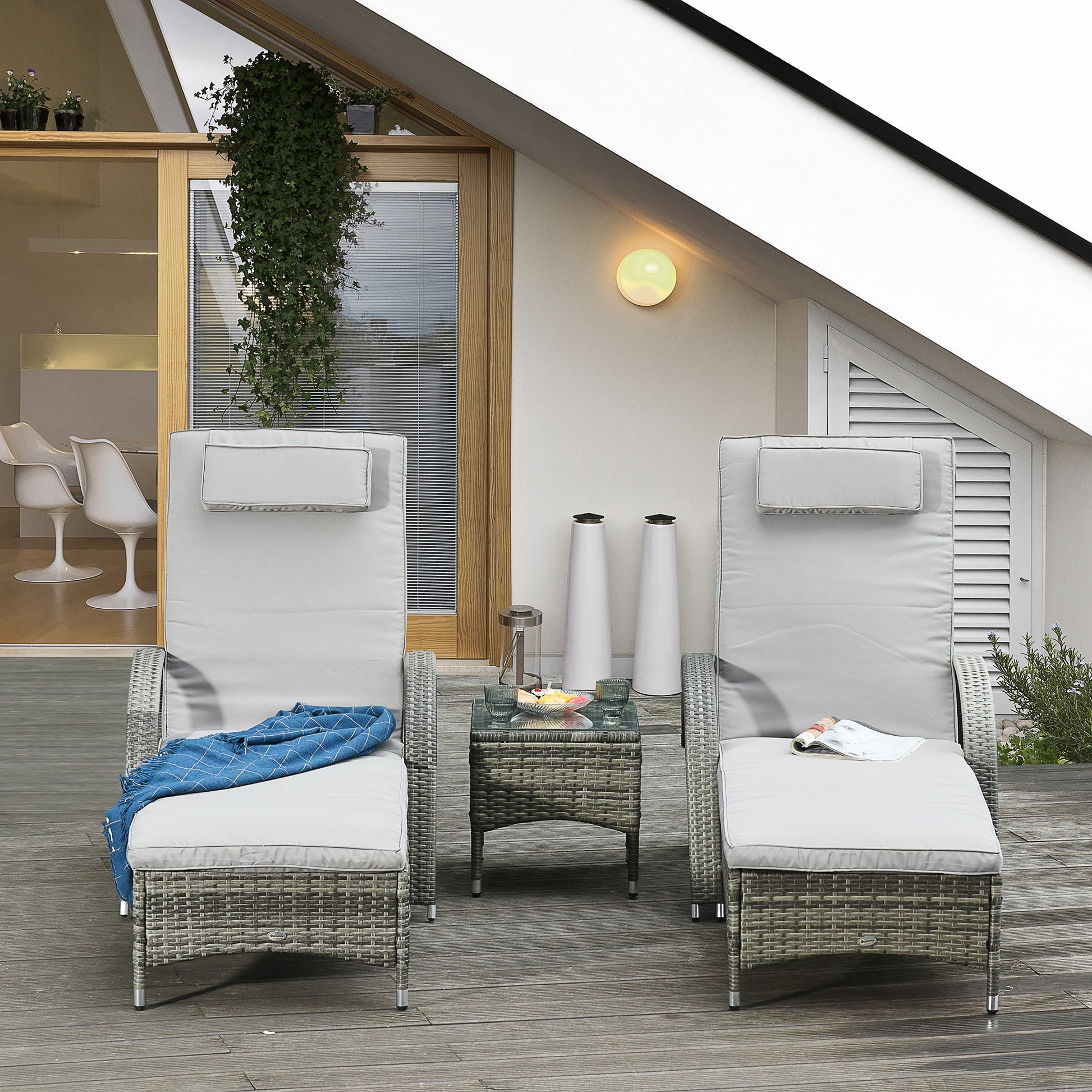 3 Pieces Wicker Patio Lounger Set with Table, PE Rattan Outdoor Lounge Chair Set with Cushions, Wheels, 5-Level Reclining Backrest, Headrest, Mixed Grey