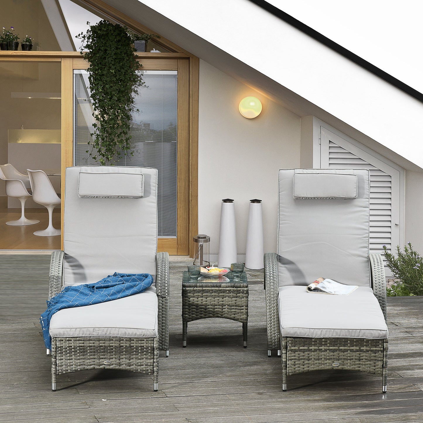 3 Pieces Wicker Patio Lounger Set with Table, PE Rattan Outdoor Lounge Chair Set with Cushions, Wheels, 5-Level Reclining Backrest, Headrest, Mixed Grey