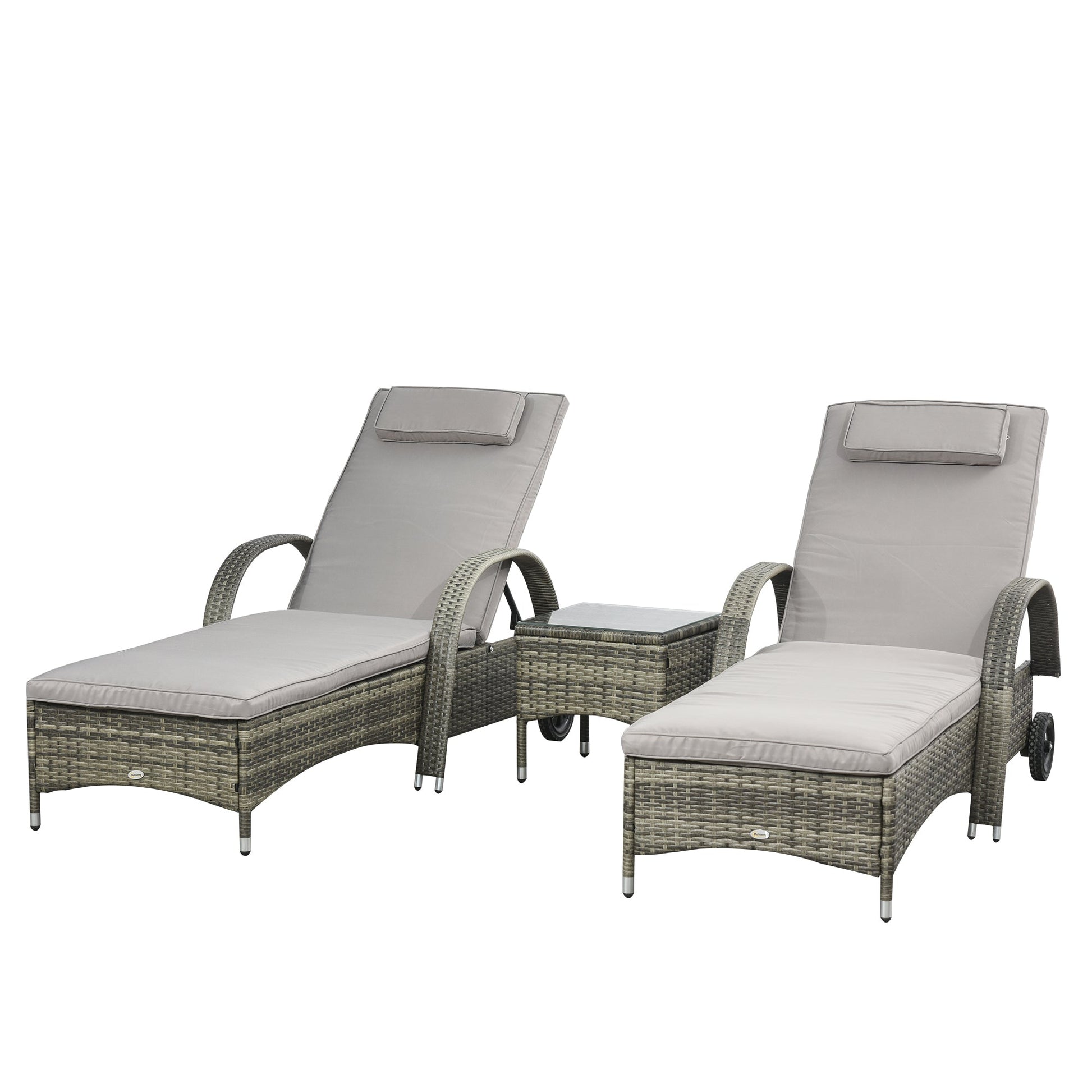 3 Pieces Wicker Patio Lounger Set with Table, PE Rattan Outdoor Lounge Chair Set with Cushions, Wheels, 5-Level Reclining Backrest, Headrest, Mixed Grey