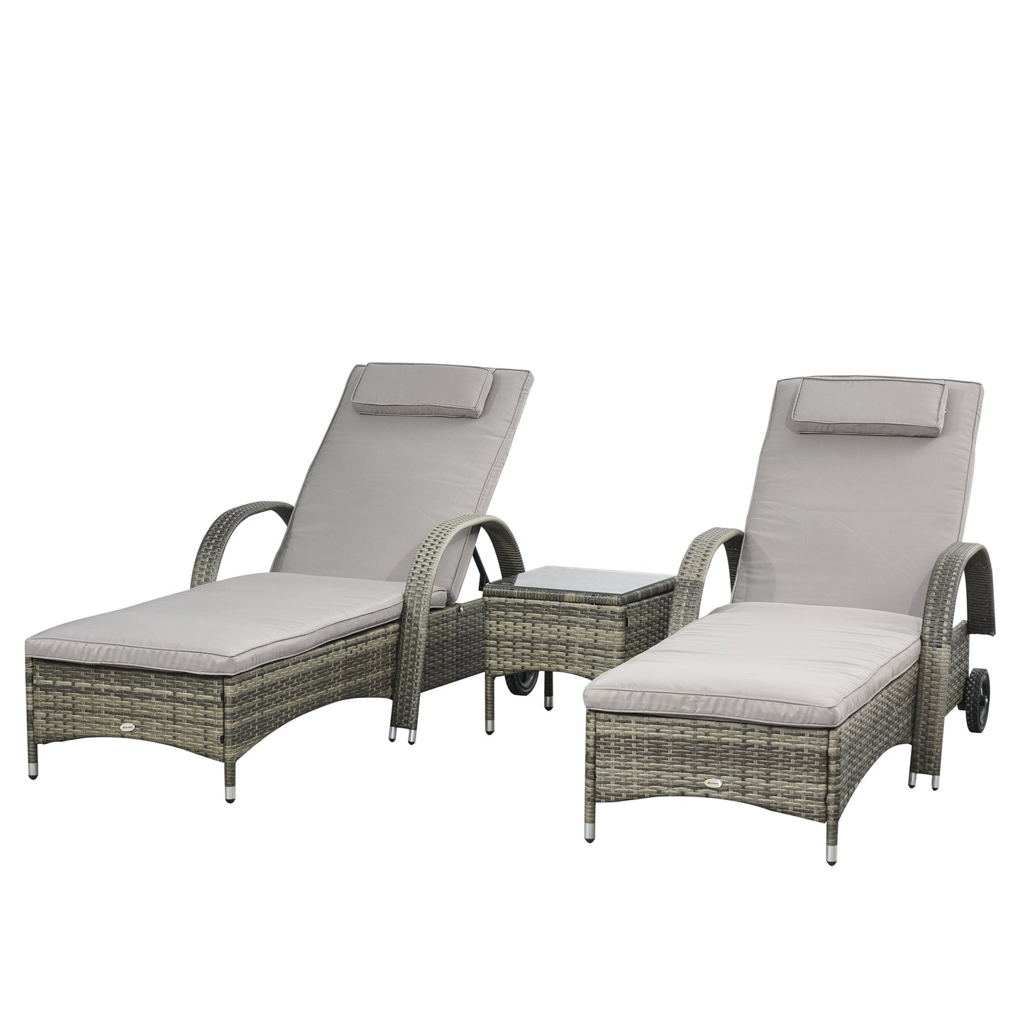 3 Pieces Wicker Patio Lounger Set with Table, PE Rattan Outdoor Lounge Chair Set with Cushions, Wheels, 5-Level Reclining Backrest, Headrest, Mixed Grey