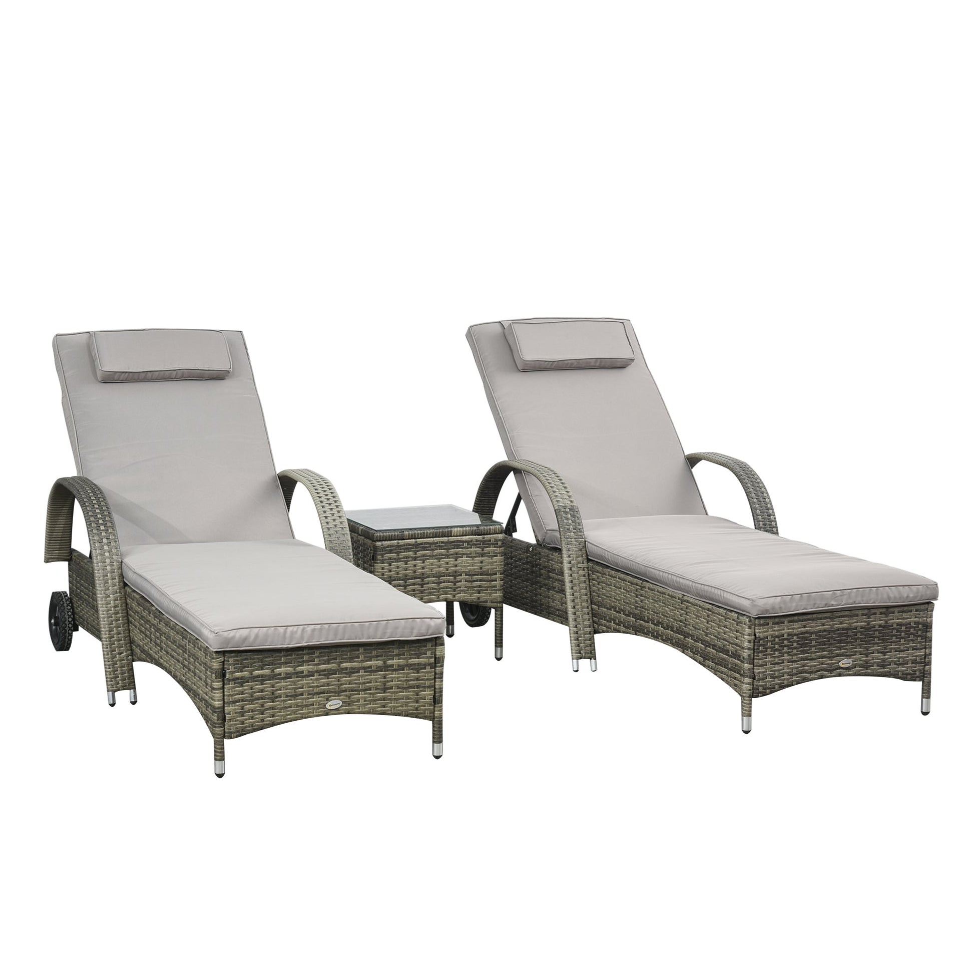 3 Pieces Wicker Patio Lounger Set with Table, PE Rattan Outdoor Lounge Chair Set with Cushions, Wheels, 5-Level Reclining Backrest, Headrest, Mixed Grey