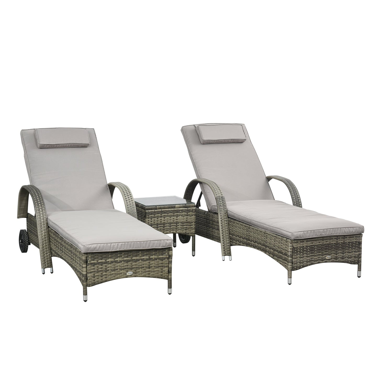 3 Pieces Wicker Patio Lounger Set with Table, PE Rattan Outdoor Lounge Chair Set with Cushions, Wheels, 5-Level Reclining Backrest, Headrest, Mixed Grey