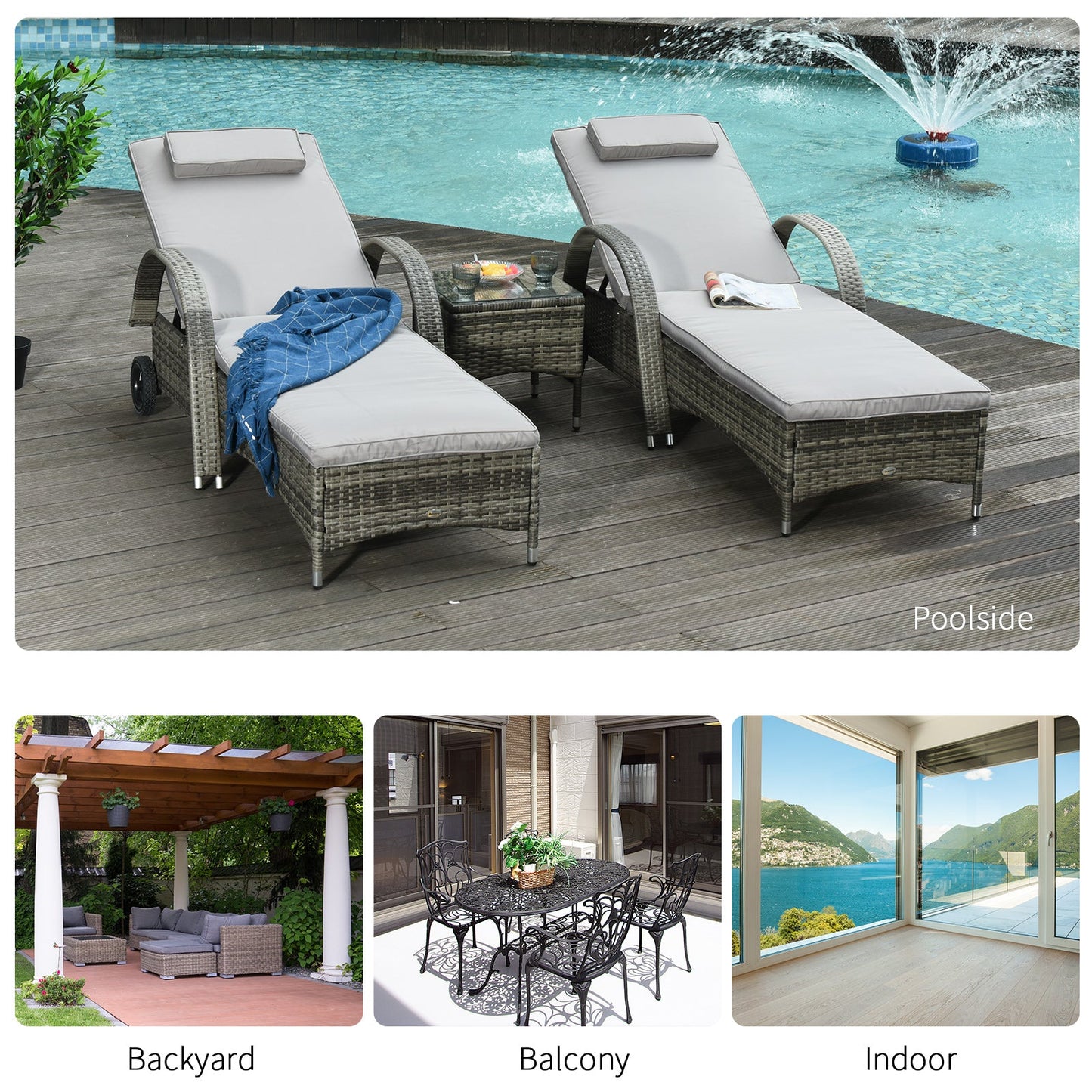 3 Pieces Wicker Patio Lounger Set with Table, PE Rattan Outdoor Lounge Chair Set with Cushions, Wheels, 5-Level Reclining Backrest, Headrest, Mixed Grey