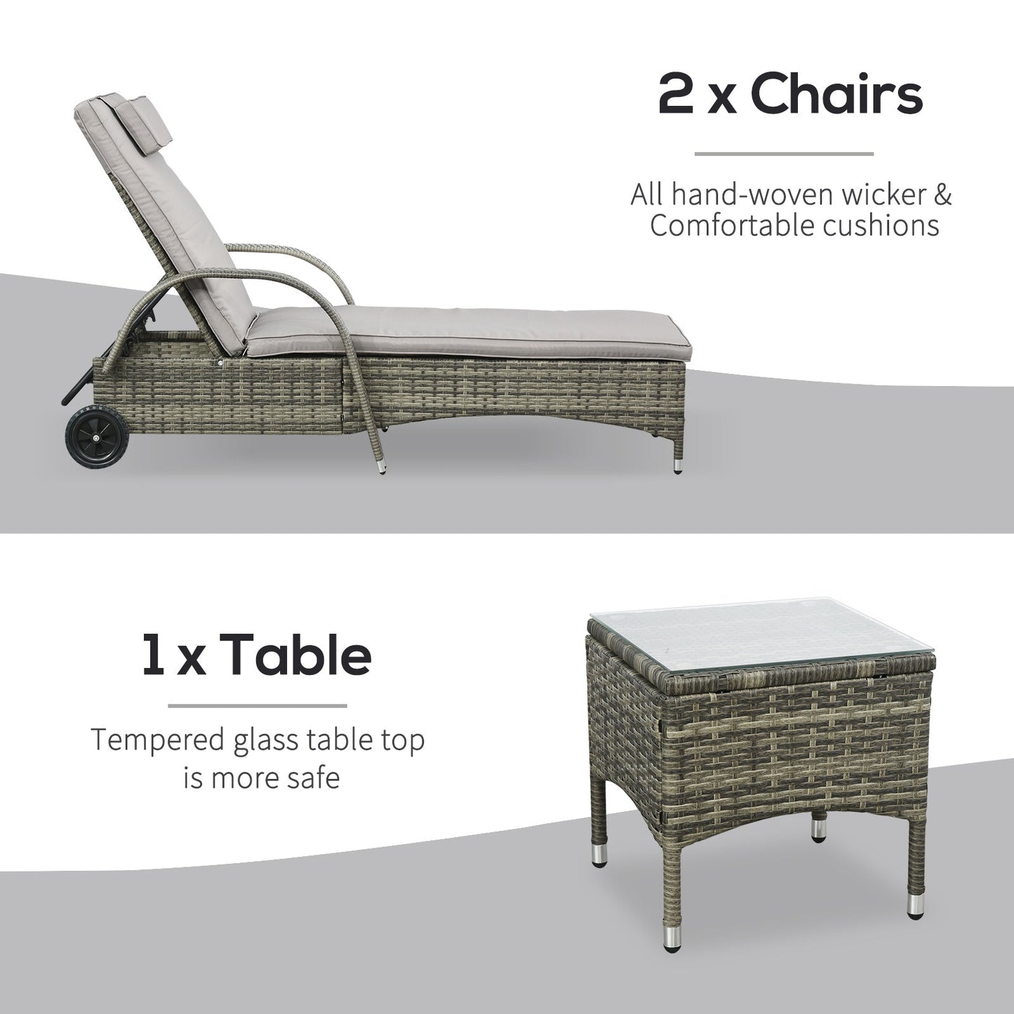 3 Pieces Wicker Patio Lounger Set with Table, PE Rattan Outdoor Lounge Chair Set with Cushions, Wheels, 5-Level Reclining Backrest, Headrest, Mixed Grey