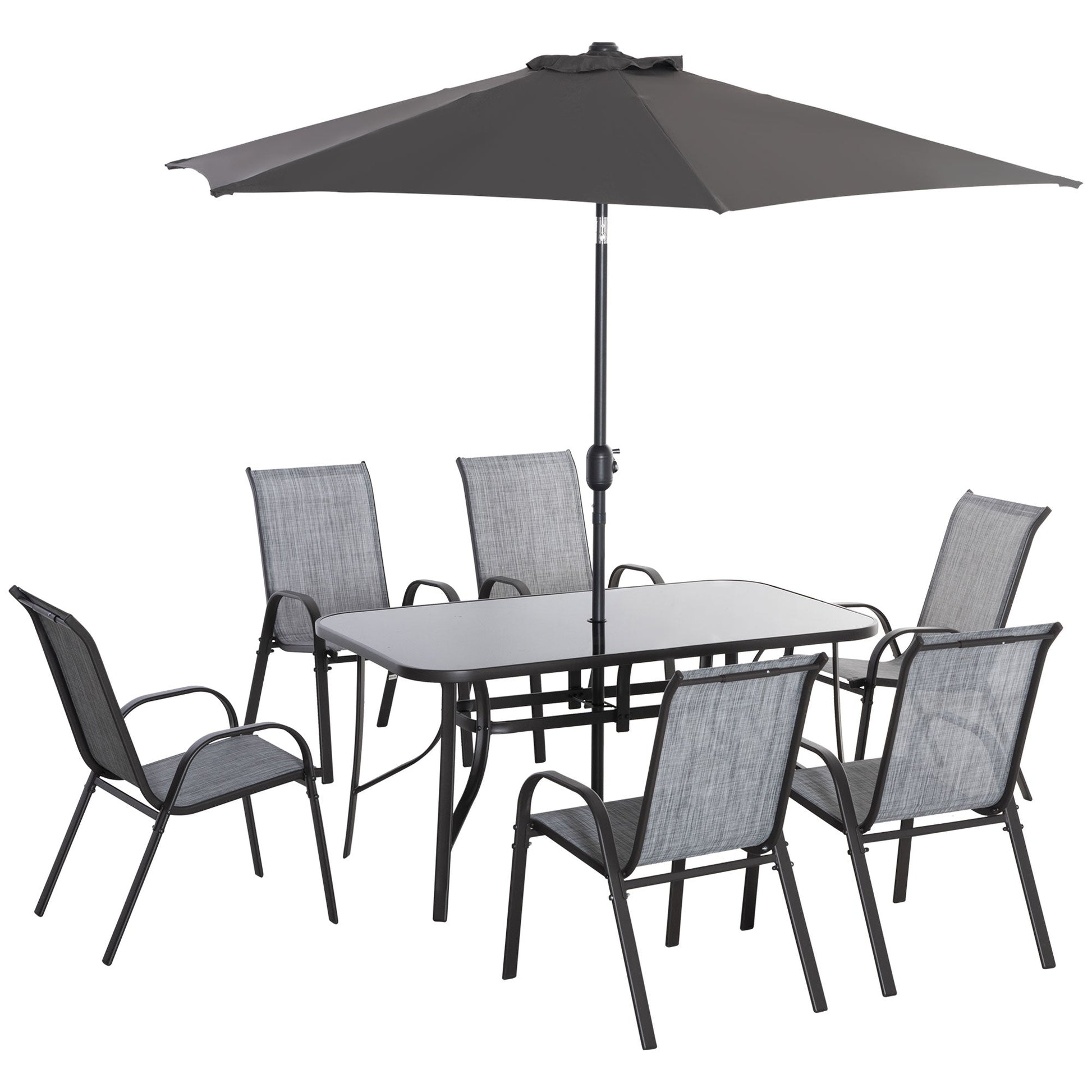 8 Pieces Patio Dining Set with Umbrella, Aluminum Frame Outdoor Patio Furniture Set with 6 Sling Chairs and Glass Top Rectangle Dining Table, Mixed-Grey