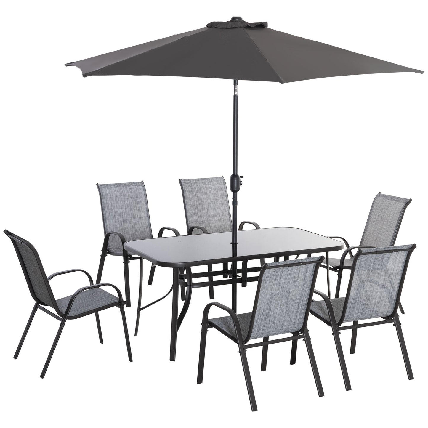 8 Pieces Patio Dining Set with Umbrella, Aluminum Frame Outdoor Patio Furniture Set with 6 Sling Chairs and Glass Top Rectangle Dining Table, Mixed-Grey
